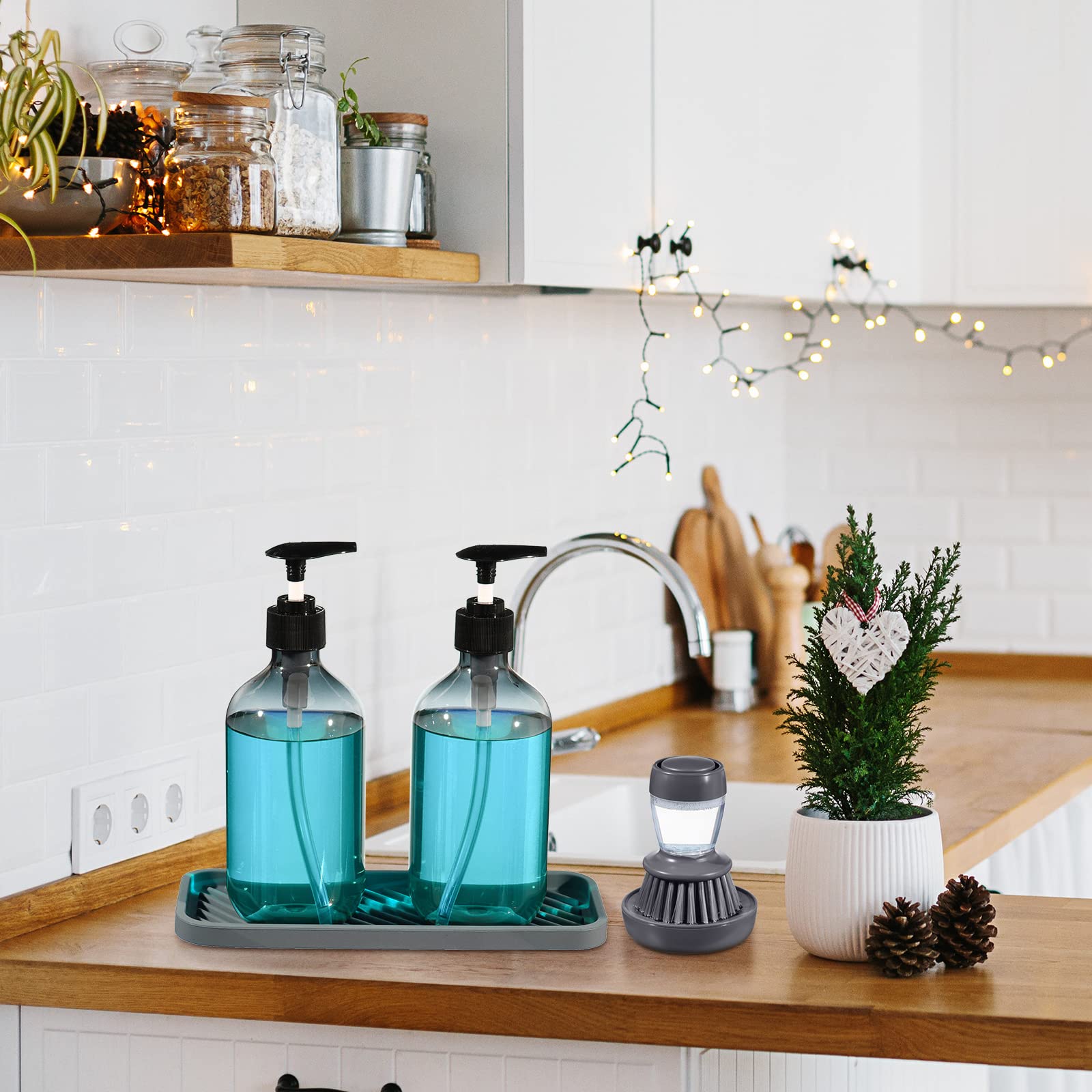 4 Pieces Kitchen Soap Dispenser Set Includes 16 Oz Plastic Dish Soap Hand Wash Dispenser With Silicone Tray And Labels, Dish Bru