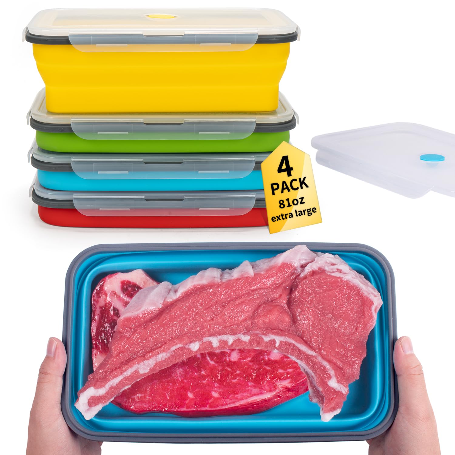 Extra Large Collapsible Food Storage Containers with Lid & Air Vent, 81 oz, 4 Pack, XXL Collapsible Marinade Container BBQ Prep 