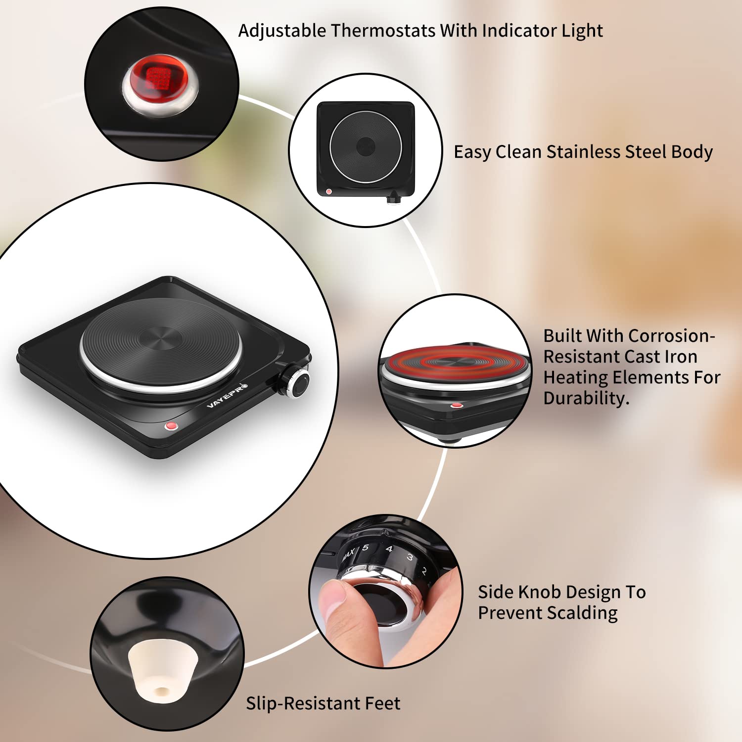 Vayepro Hot Plate, 1500W Portable Electric Stove, Single Electirc Cooktop,Portable Burner For Cooking, Cooktop For Dorm Office H