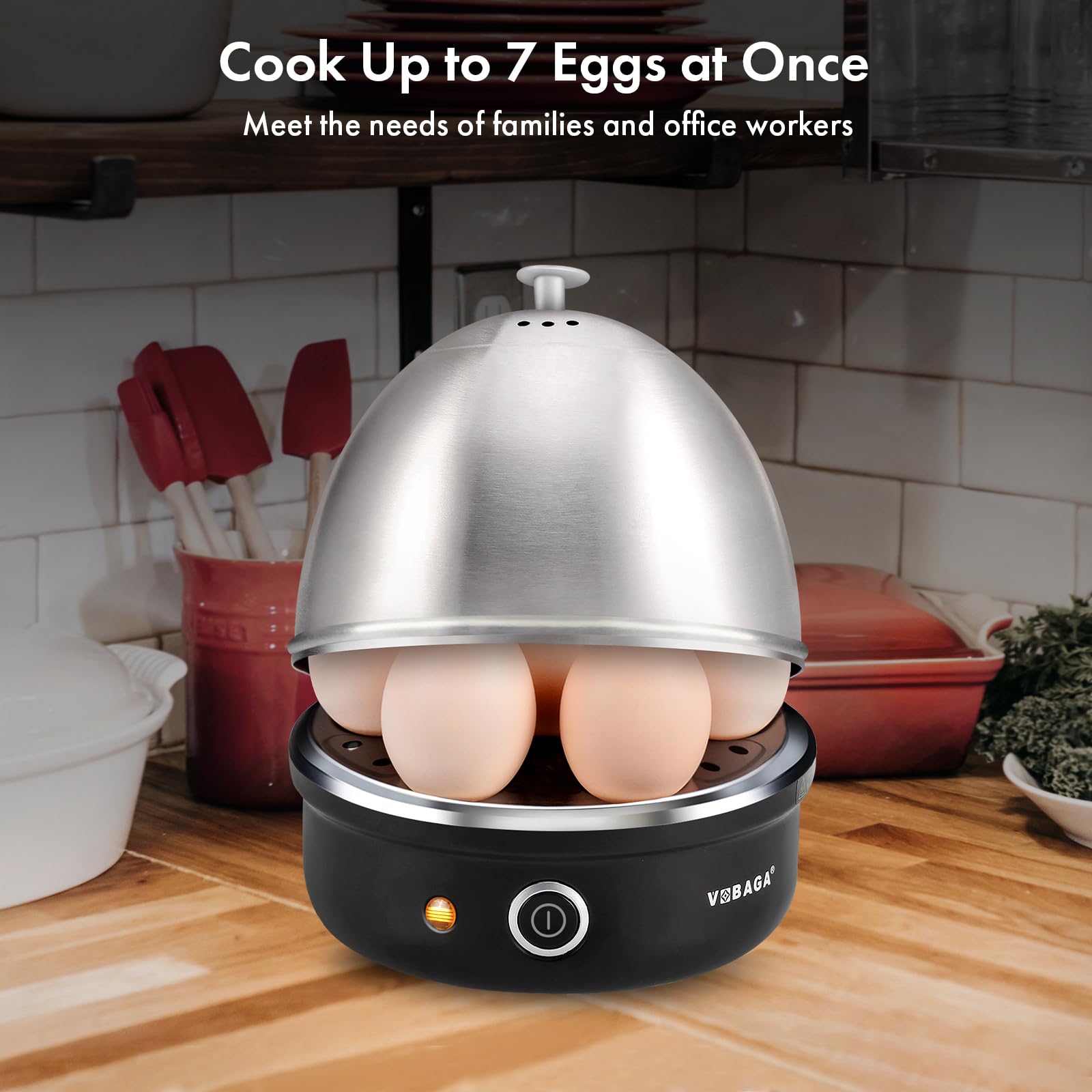 VOBAGA Electric Egg Cooker  Rapid Egg Boiler with Auto Shut Off for Soft  Medium  Hard Boiled  Poached  Steamed Eggs  Vegetables and Dumplings  Stainless Steel Tray with 7-Egg Capacity (Black)