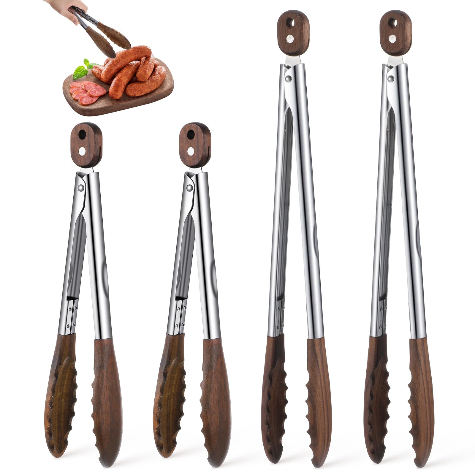 Kifmurase 4Pcs Wooden Tongs For Cooking, Stainless Steel Salad Tong With Walnut Wood Tip, 9 Inch 12 Inch Walnut Wooden Kitchen T