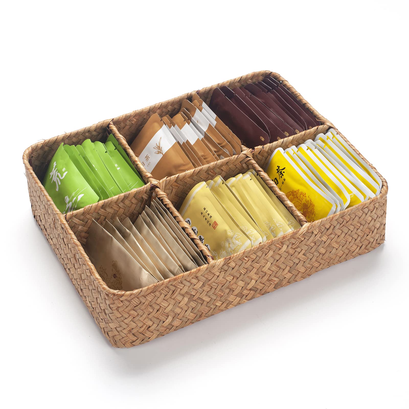 Tea Bag/Sugar Packet Holder, Coffee Station Condiment Organizer, Seagrass Storage Basket, Wicker Rattan Divided Basket Organizer