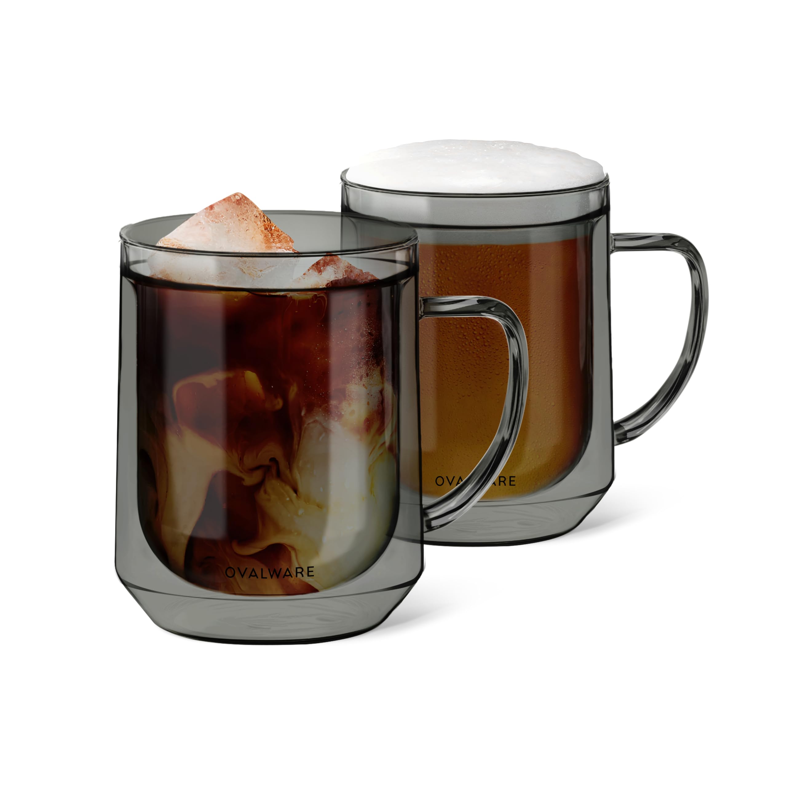 ovalware Double Wall Glass Coffee Mug 500ml with Handle, Stealth Gray