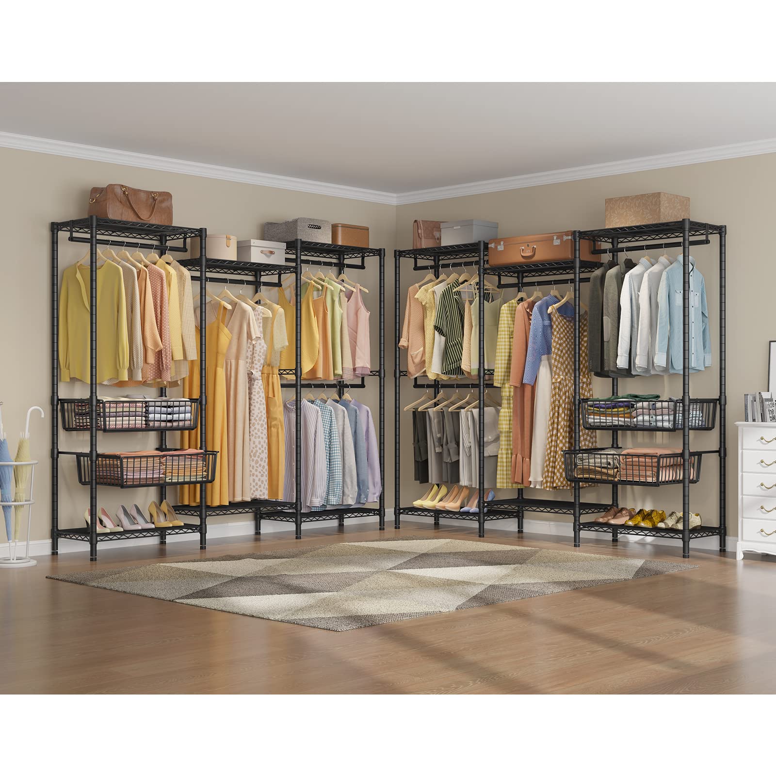 VIPEK V10 Medium Wire Garment Rack Heavy Duty Clothes Rack  Free Standing Closet Wardrobe Metal Clothing Rack with 2 Slid Baskets  68.9 '' L x 15.7 '' W x 76.4 '' H  Max Load 750lbs  Black