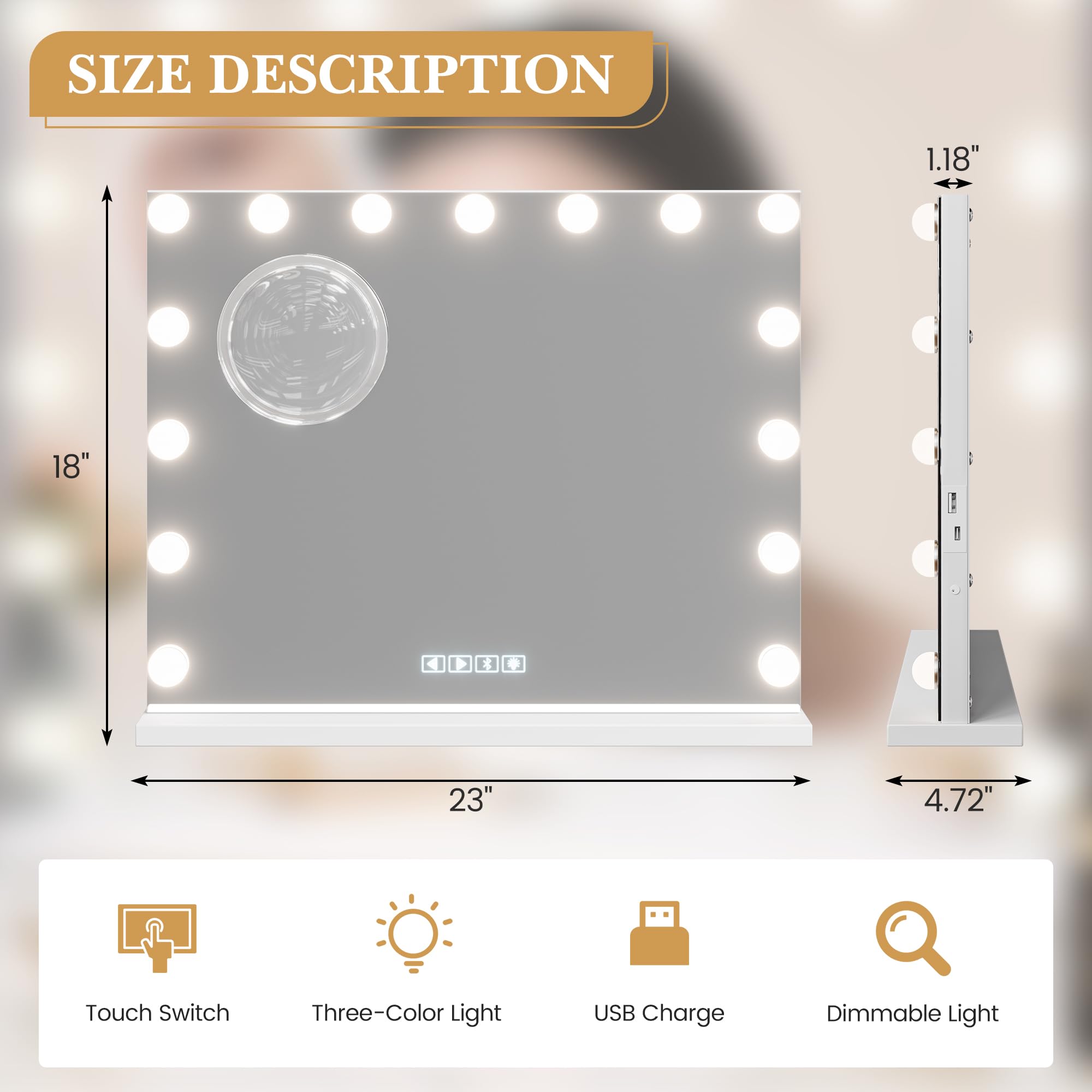 Vanity Mirror With Lights And Speaker, Lighted Vanity Mirror With 15 Led Bulbs, 3 Color Modes, Support Answer Call, Touch Screen