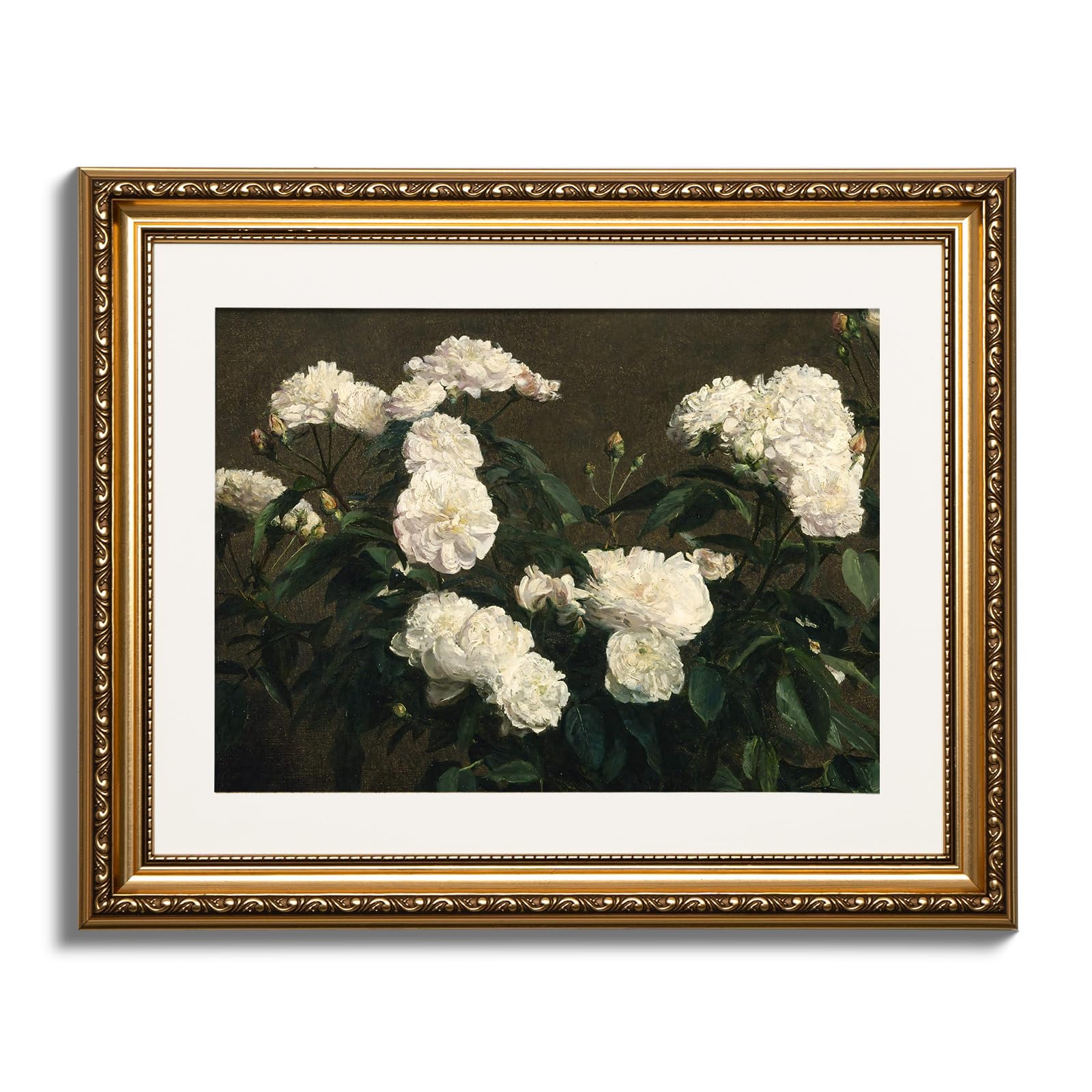 Arpeotcy Vintage Still Life Gold Framed Wall Art, White Roses Retro Paintings, Canvas Prints Artwork With Antique Frame, Victori