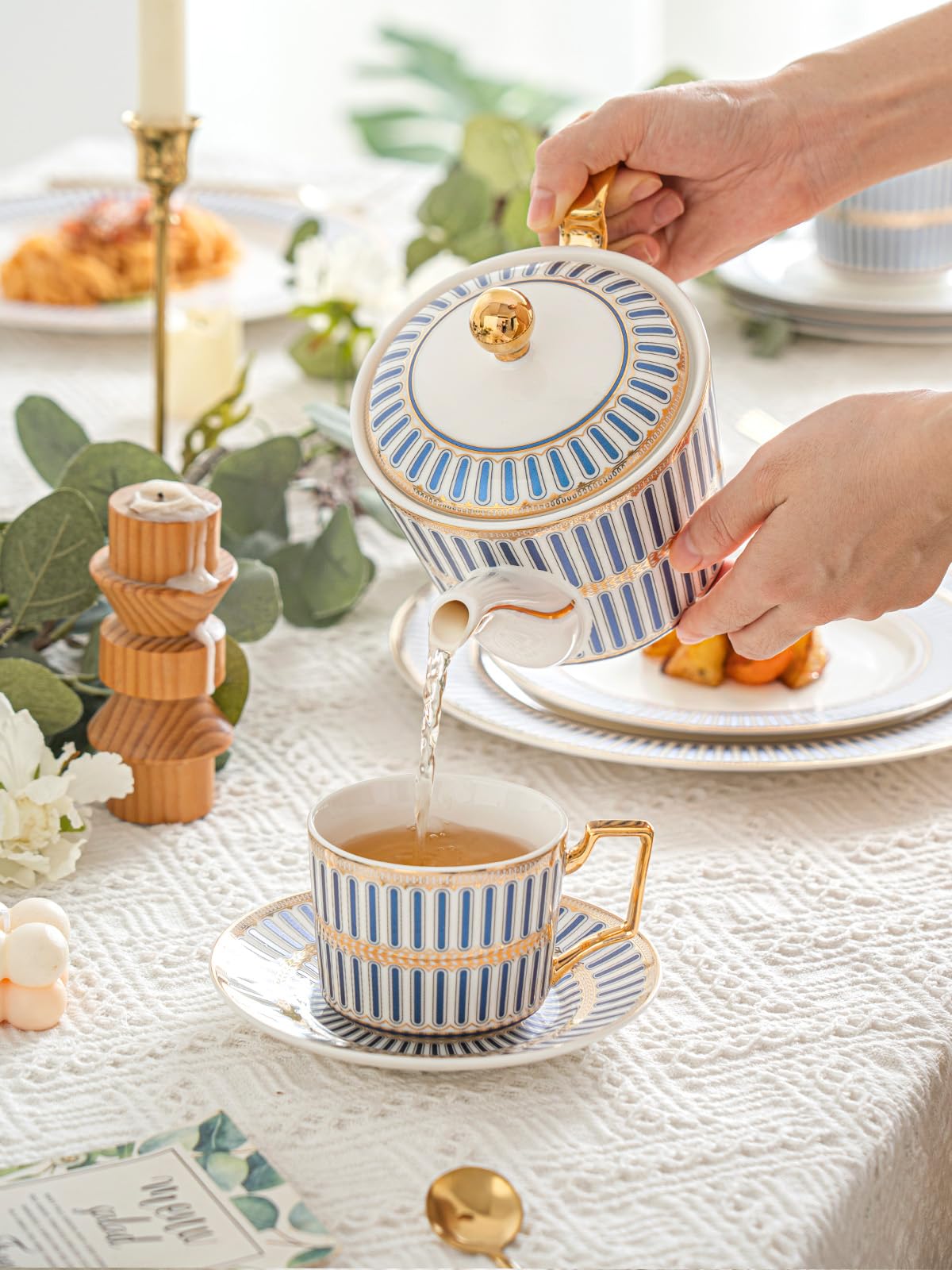 Cwlwgo- Royal Teapot,European Style Ceramic Tea Pot, Blooming & Loose Leaf Teapot - 24 Ounce,Not Included Removable Stainless St