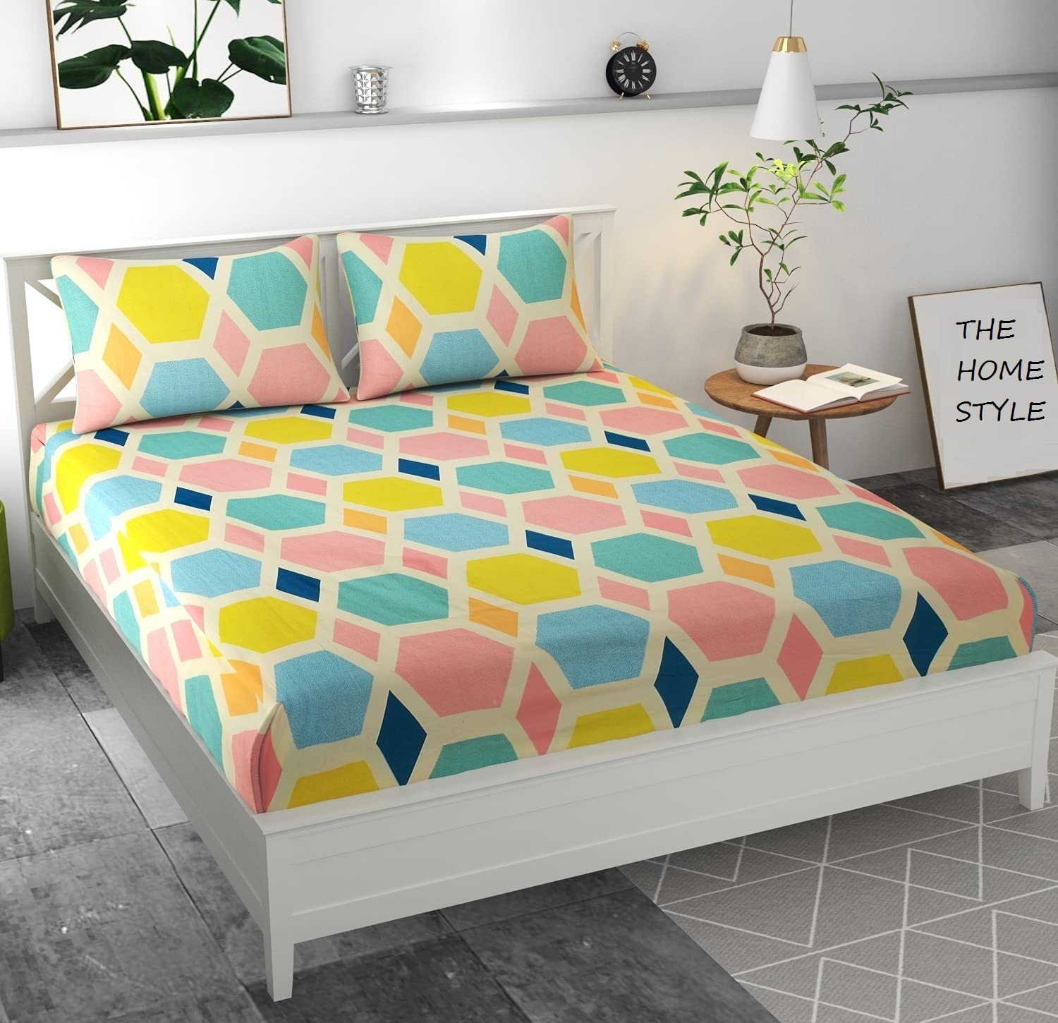 THE HOME STYLE Glace Cotton Elastic Fitted All Around King Size Printed Double Bedsheet with 2 Pillow Cover & King Size Comforte
