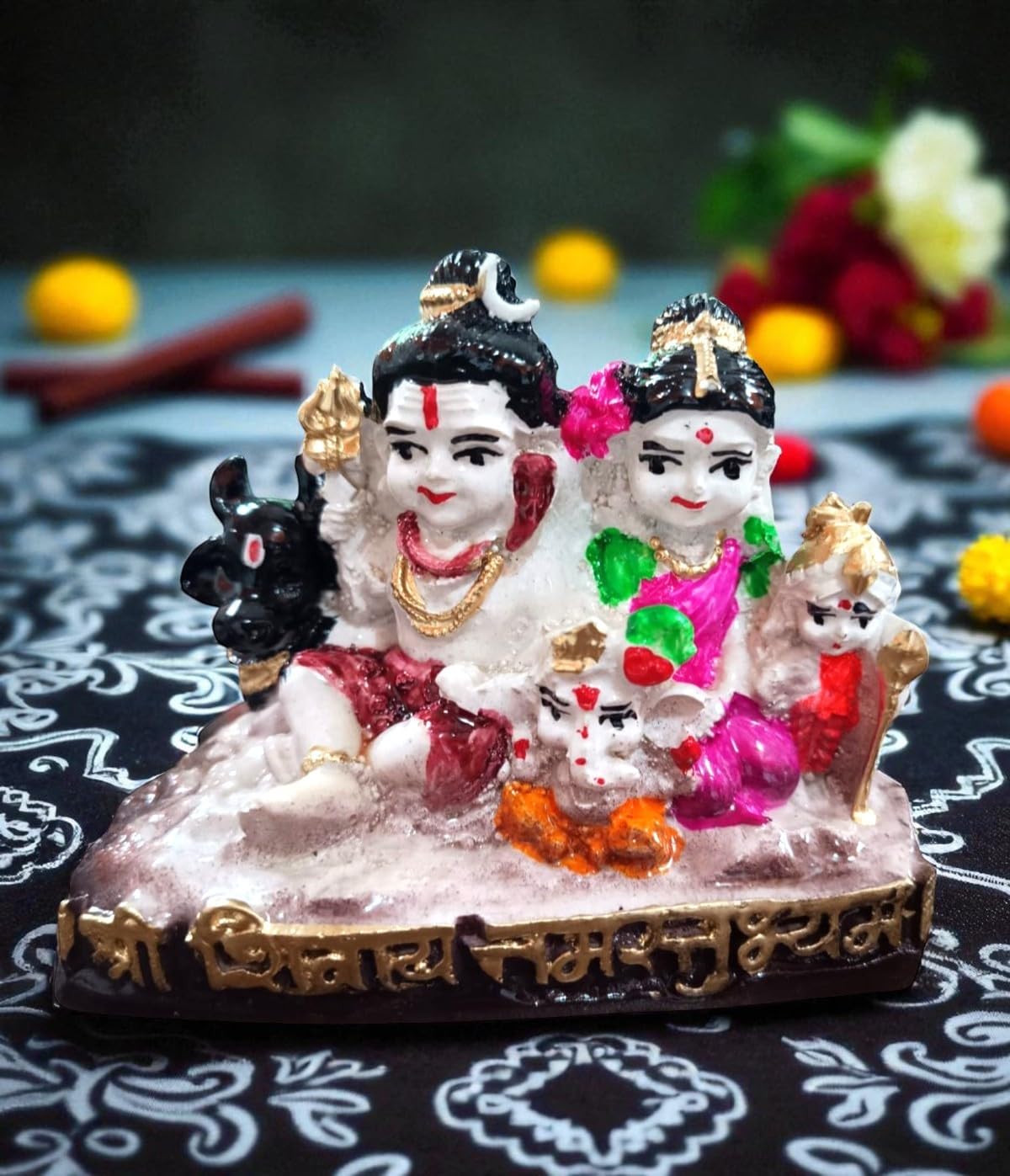 Srimaa Ventures Hand-Painted Multicolor Shiv Parivar Idol | Shiva Family On Nandi Maharaj For Pooja Room, Daily Worship, Home Te