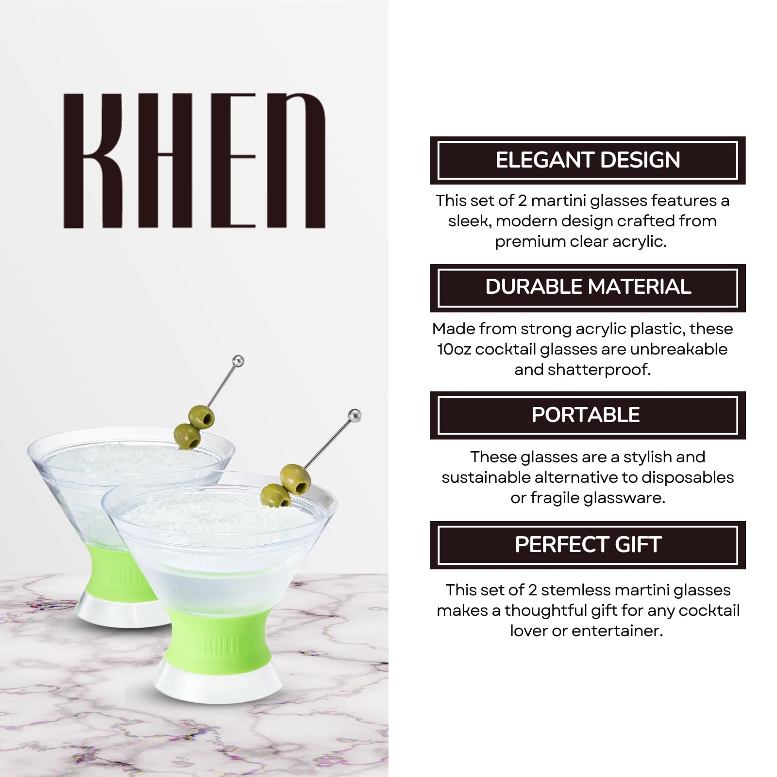 Khen Cooling Martini Glasses – Double-Wall Insulated 10 oz Cocktail Glasses with Frosted Base