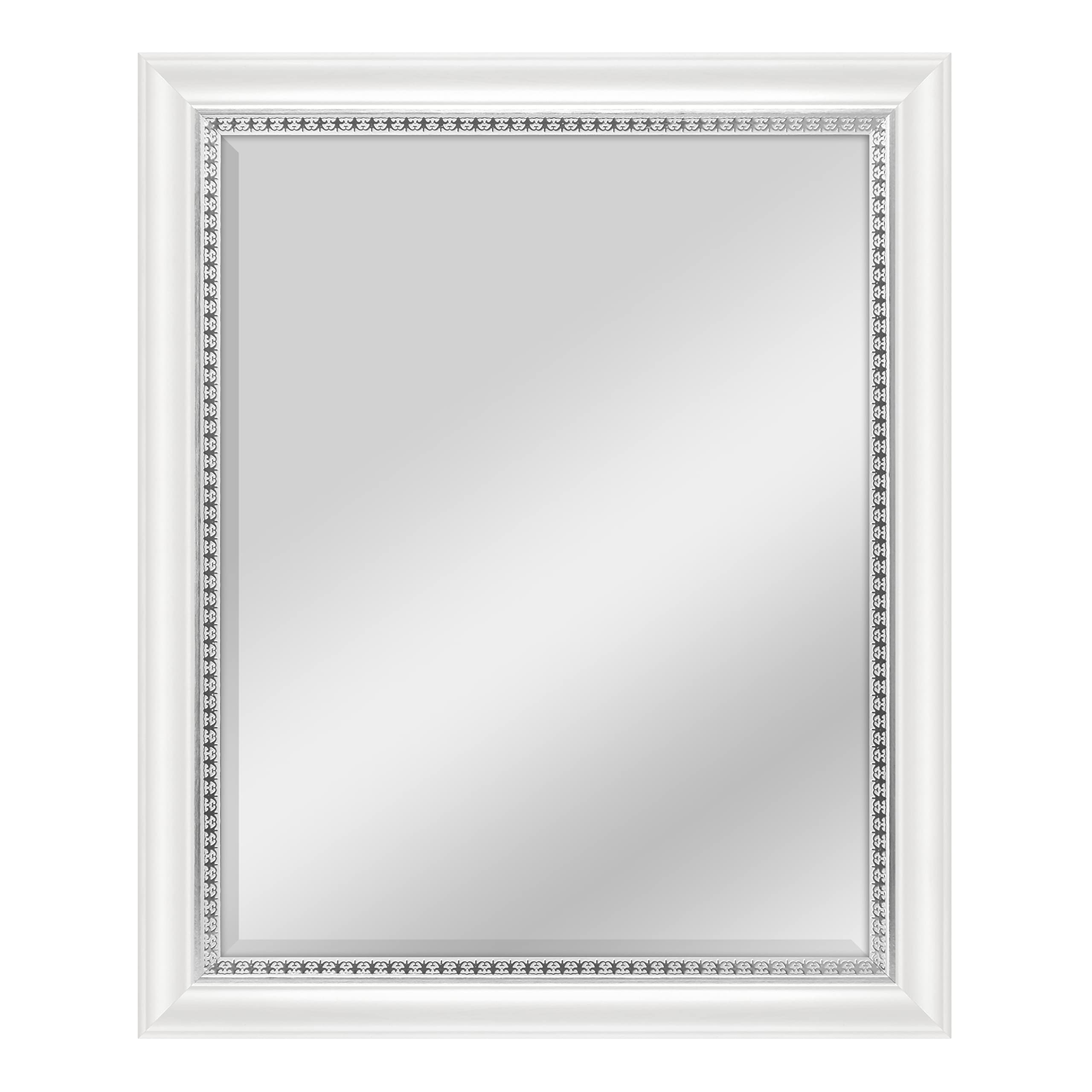 MCS 22x28 Large Wall Mirror, White Woodgrained Frame with Silver Embossed Detail & Beveled Detail Mirror, Vertical & Horizontal 