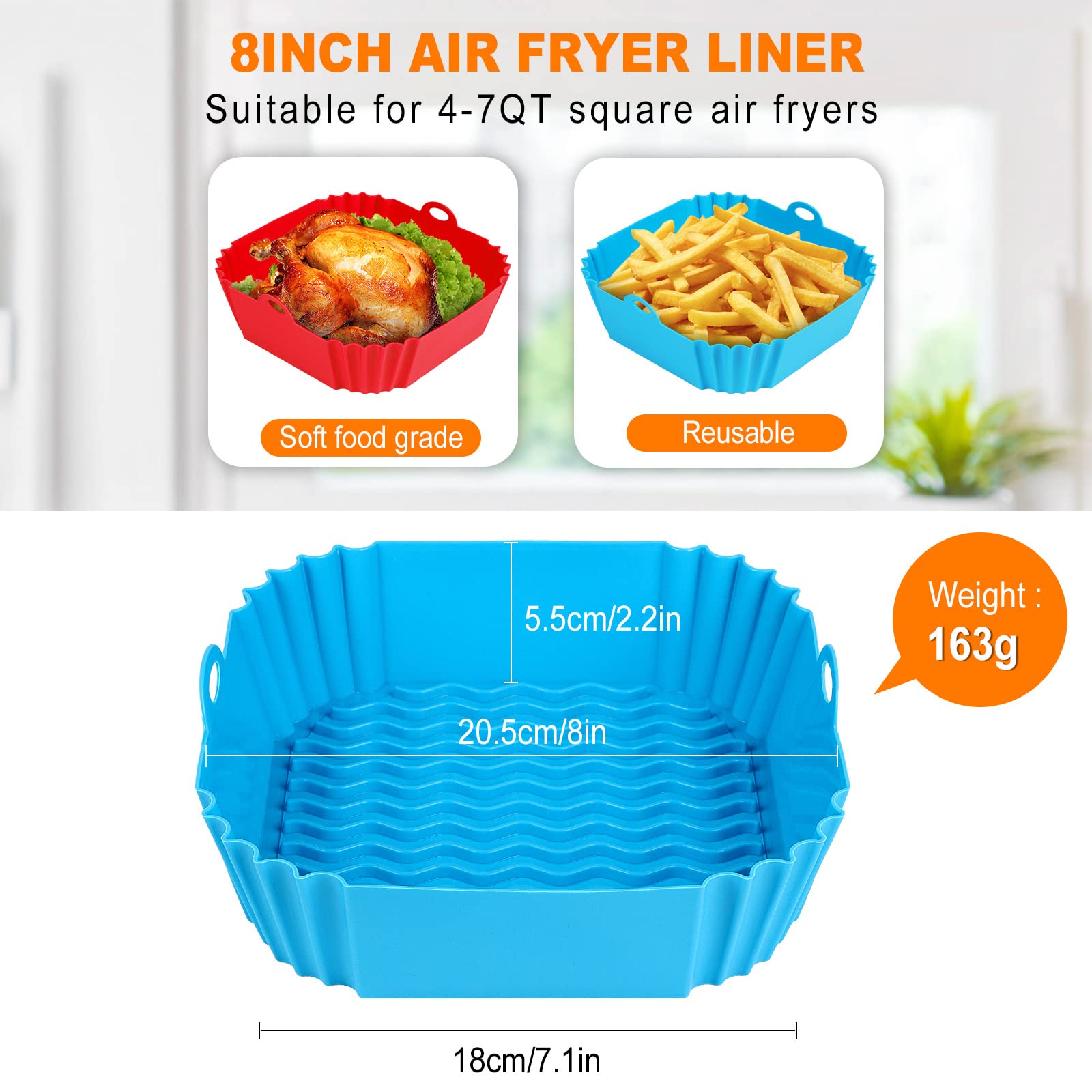 Boribim 2 PCS Square Silicone Air Fryer Liners - 8 Inch Reusable Air Fryer Pot - Air Fryer Accessories - Air Fryer Inserts for 4 to 7 QT for Oven Microwave Accessories (Red + Blue)
