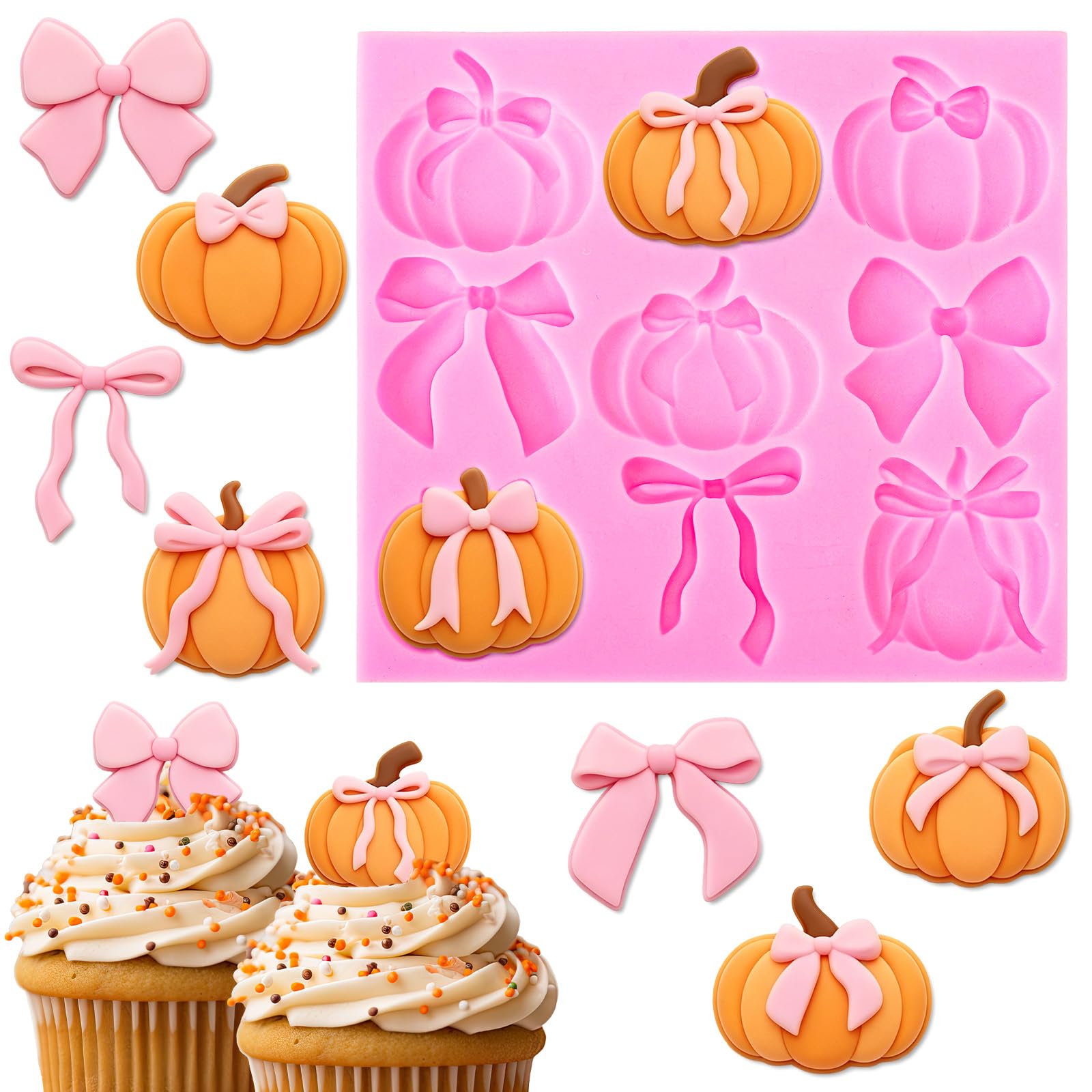 AnyDesign Fall Fondant Molds 3D Pumpkin Bow Silicone Baking Mould for Autumn Harvest Holiday Thanksgiving Party Cake Decorating 
