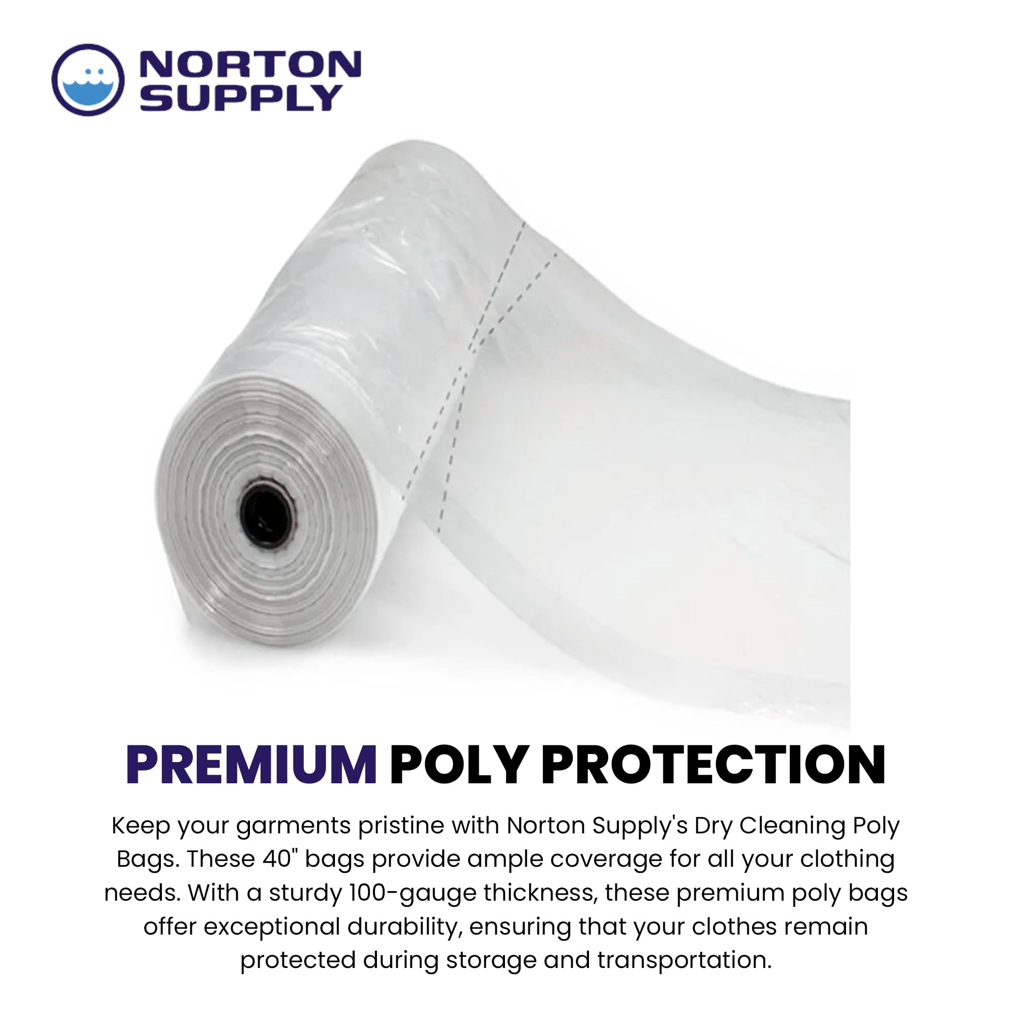 Norton Supply Dry Cleaning Poly Bags - Transparent Plastic Garment Cover, 40'' Long, 100 Gauge Thickness, Suit Packing, Travel &