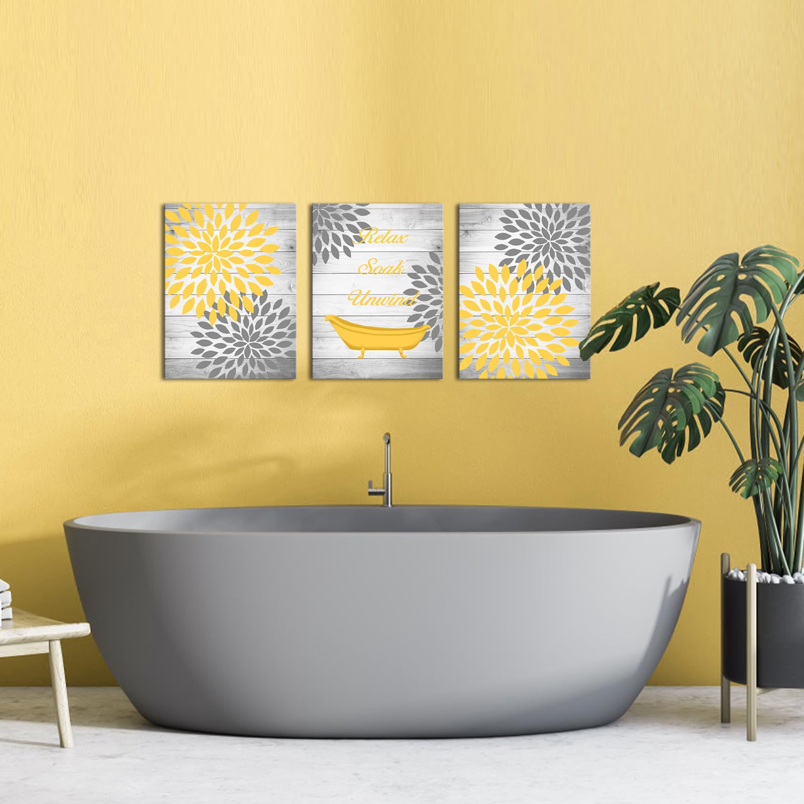 Ryounoart 3 Pieces Yellow Gray Bathroom Wall Art Prints Dahlia Flowers Relax Soak Unwind Signs On Rustic Wood Background Canvas