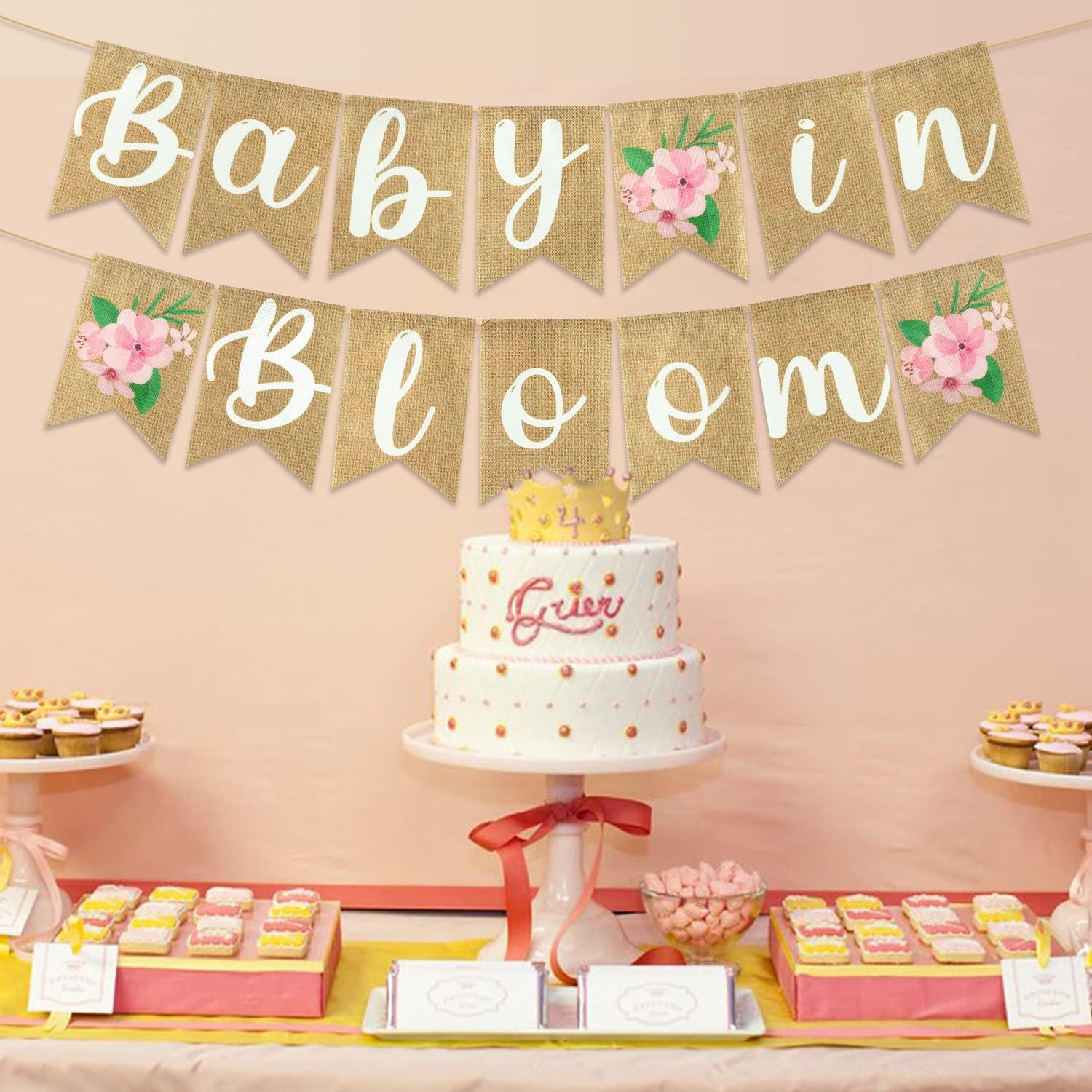 Angolio 2Pcs Floral Baby In Bloom Baby Shower Burlap Banner Decoration Wall Hanging Floral Banner Decor Pattern With Rope Baby S