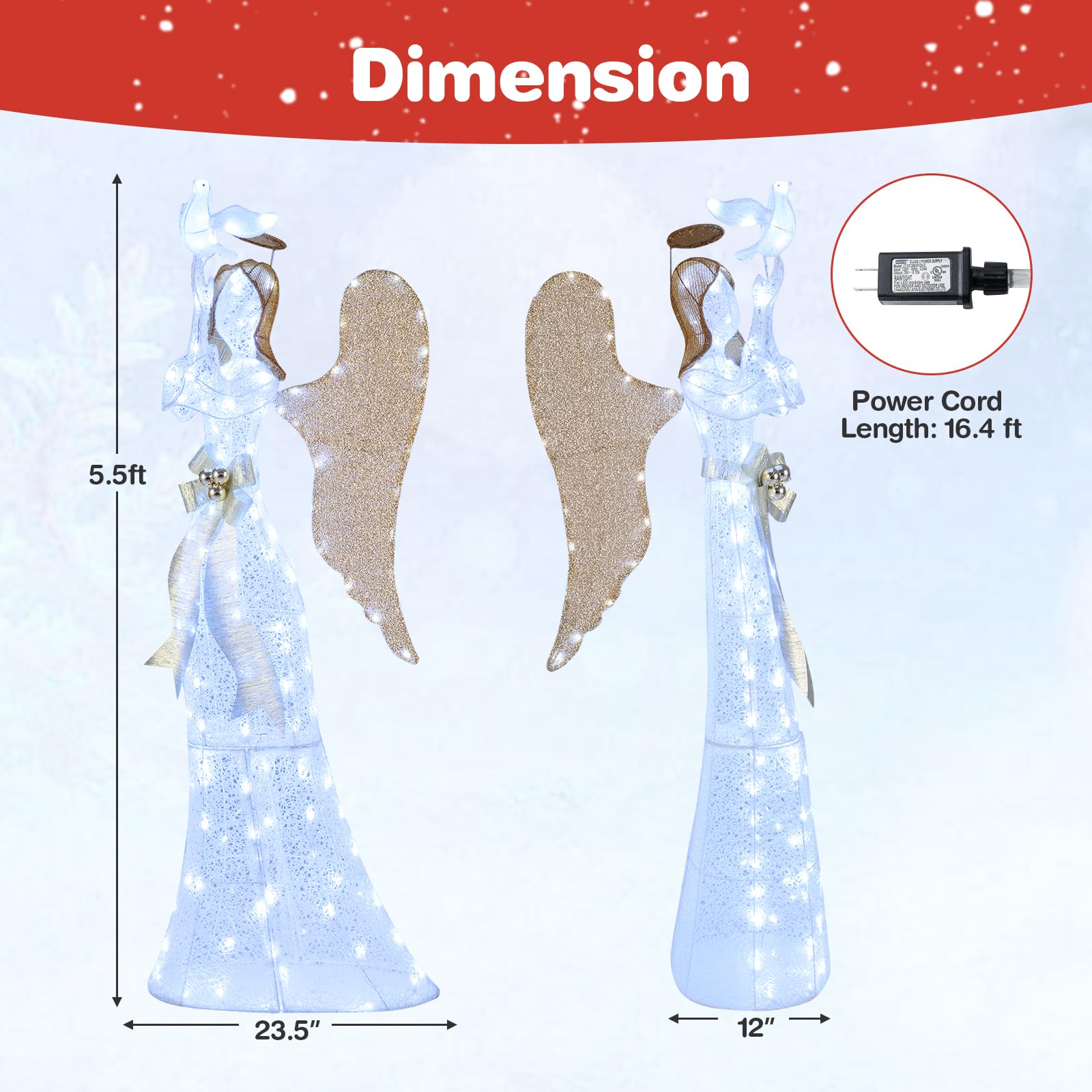 Tangkula 5.5 FT Lighted Angel Decoration, Cold White Metal, Pre-lit Halo with Pigeon & Golden Wings, Model DH-F-30V-AL for Indoor/Outdoor