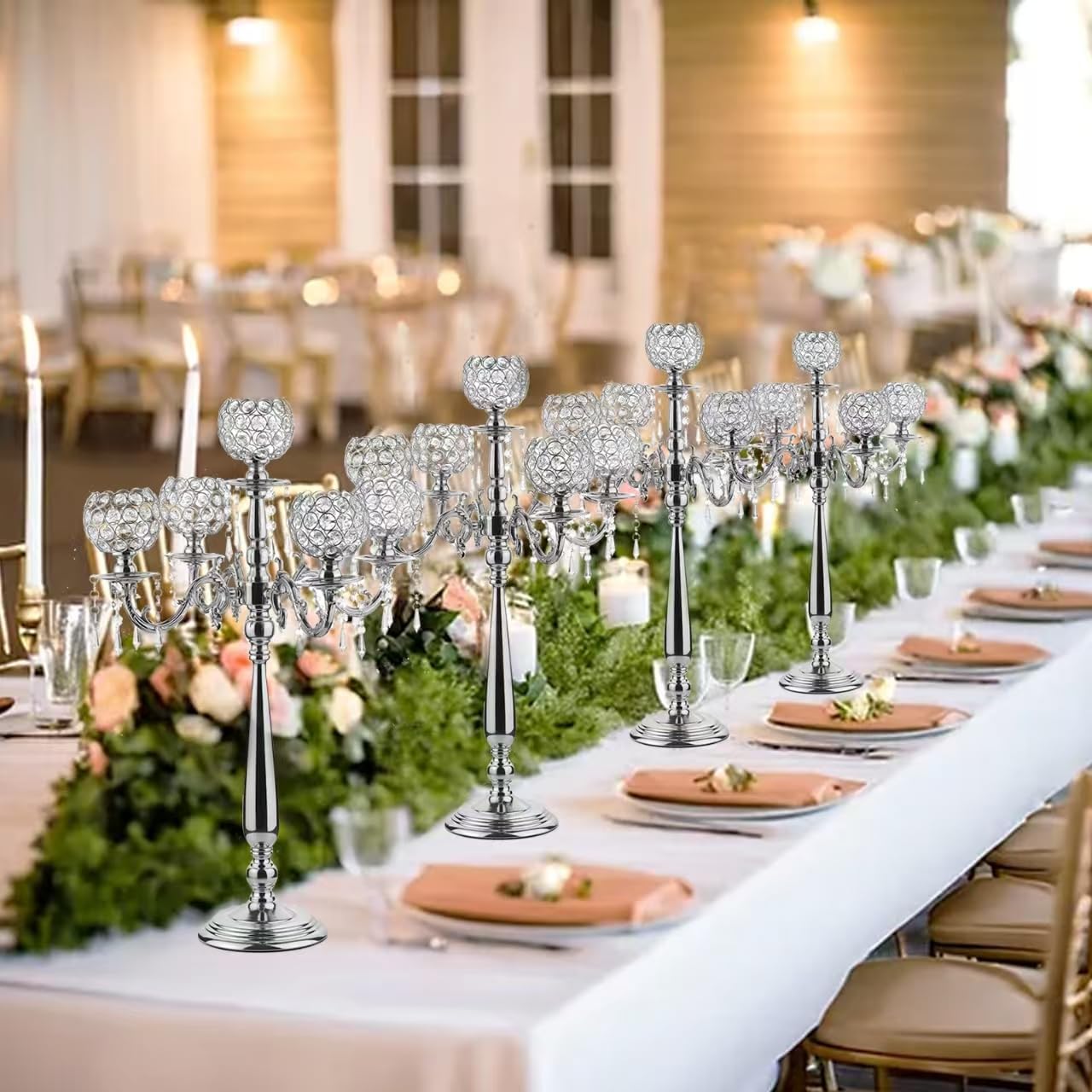 Silver 5 Arm Candelabra Centerpieces for Tables,Crystal Candle Holder Hollow Engraved Party Table Centerpiece for Weddings,Chris