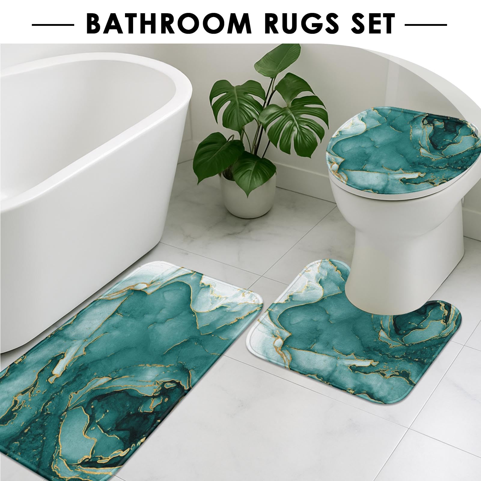 ArtSocket Green Marble Bathroom Set with Shower Curtain and Rugs Accessories  Green Gold Aquamarine Shower Curtain Set  Ocean Waves Shower Curtain for Bathroom  Abstract Bathroom Decor 4 Pcs