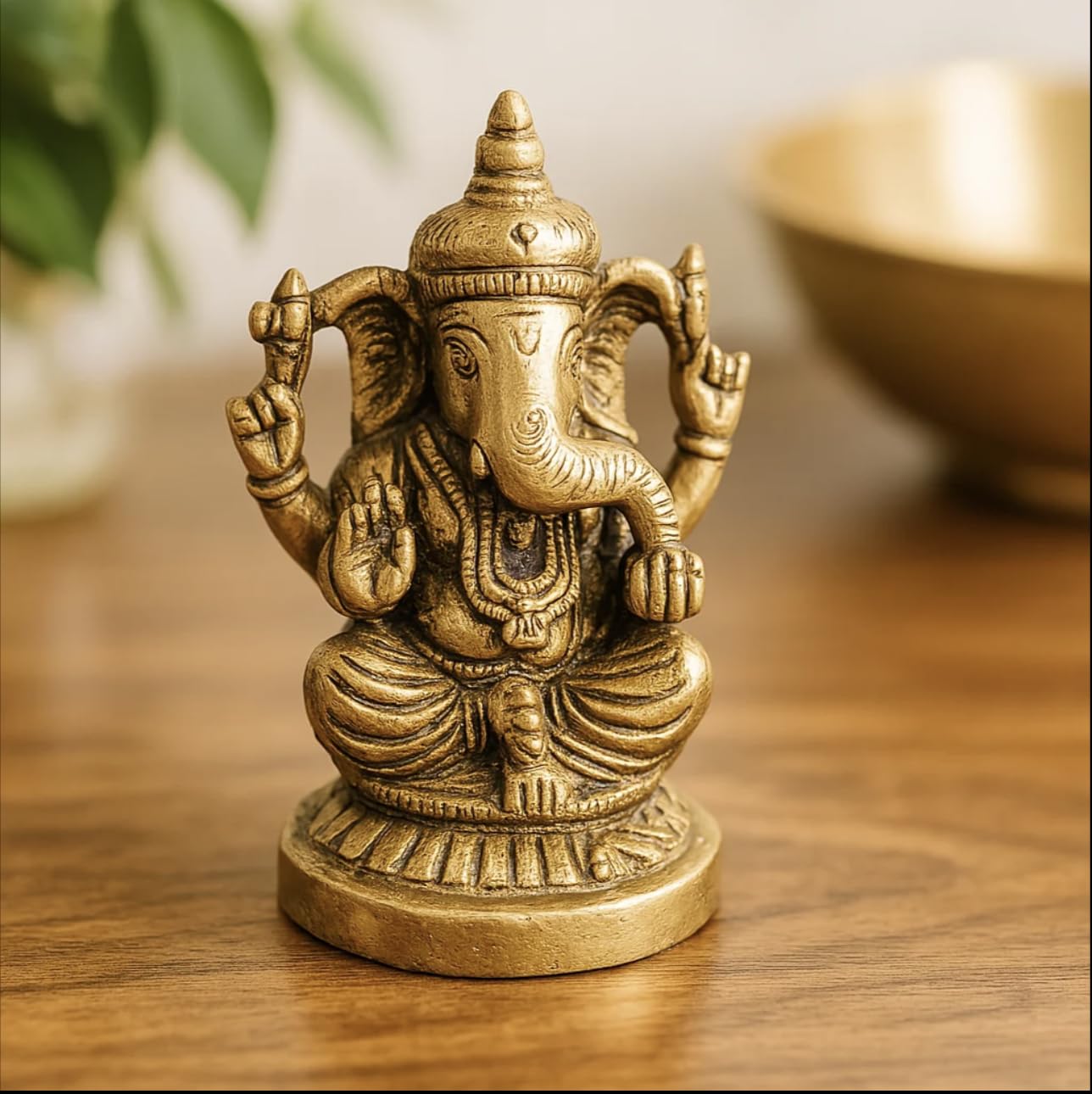 10Club 100% Pure Brass Lord Ganesha Idol for Home | 6.8 CM | Ganesh Murti | Yellow Antique Finish