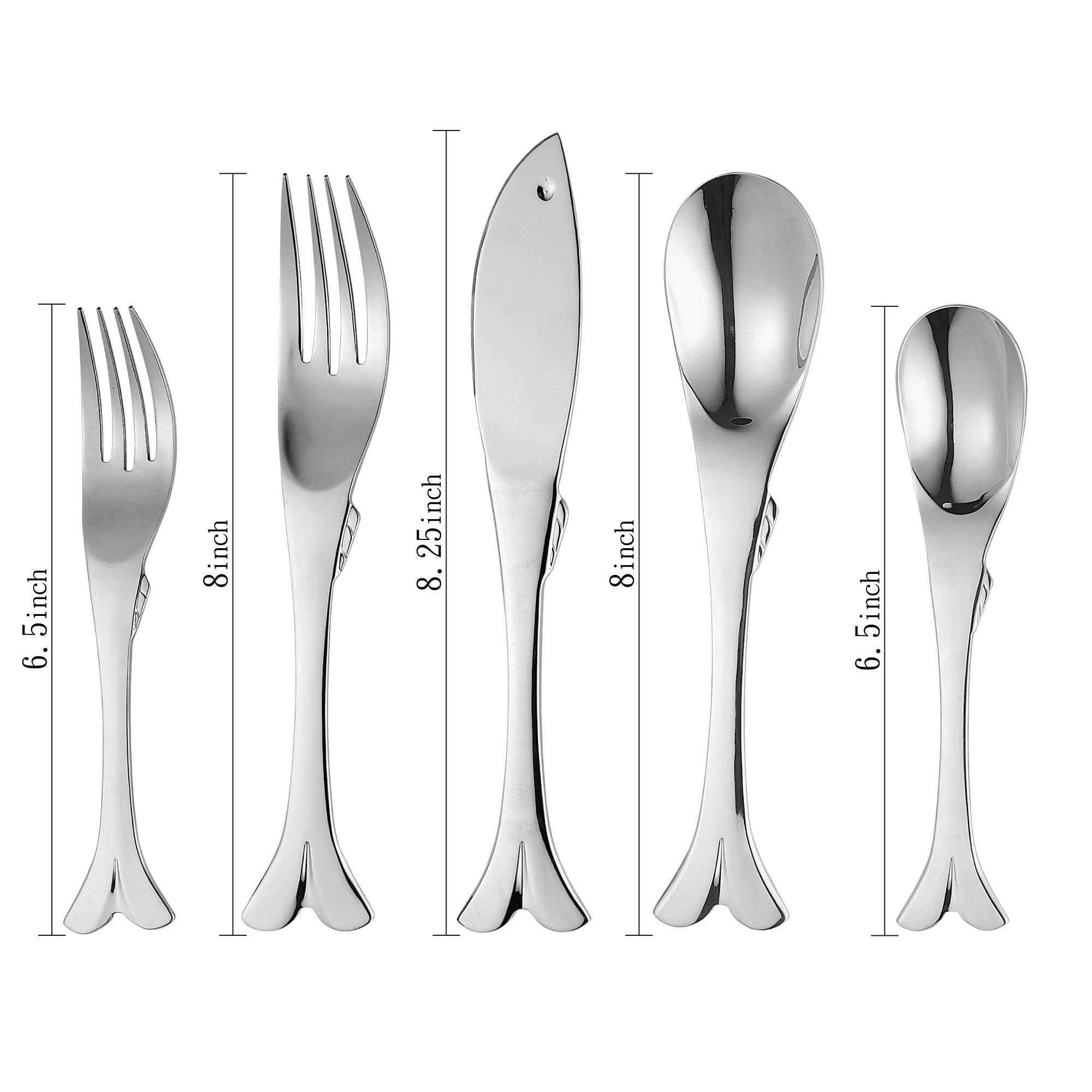 Upware 20-Piece Fish Shaped Flatware Set, 18/8 Stainless Steel Silverware Cutlery Set, Service For 4, Mirror Polished, Dishwashe