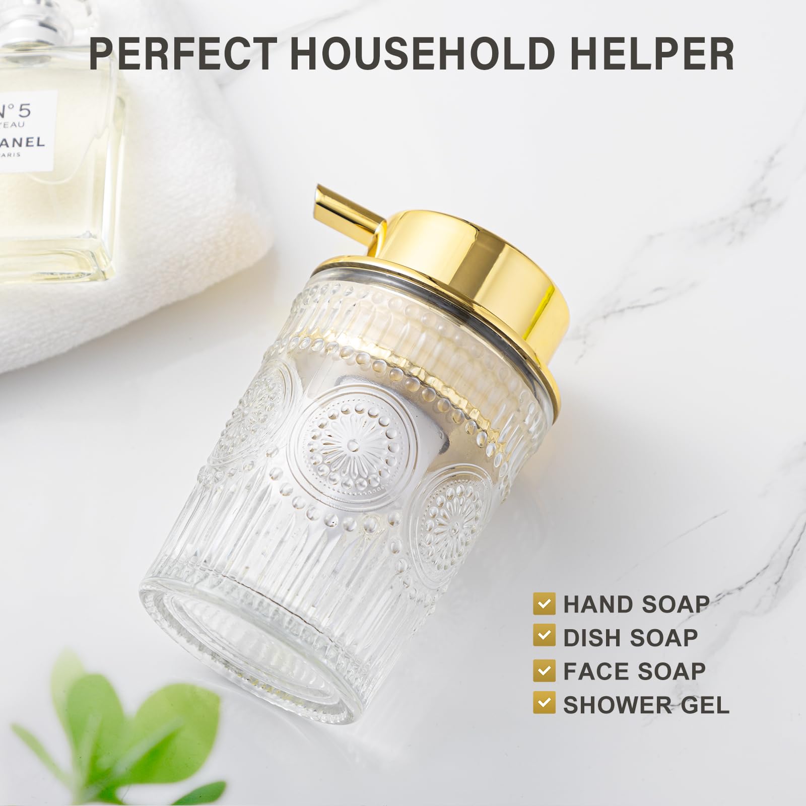 Leicurace Glass Foam Soap Dispenser, Refillable Foaming Dispenser With Gold Pump, Foam Hand Soap Dispenser For Bathroom Kitchen,