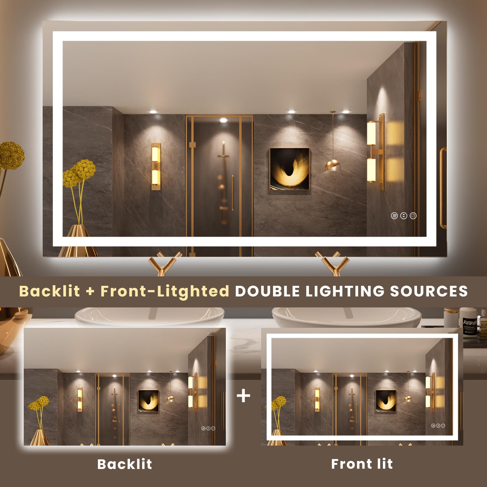 Loaao 50''X30'' Led Bathroom Mirror With Lights, Anti-Fog, Dimmable, Backlit + Front Lit, Lighted Bathroom Vanity Mirror For Wal