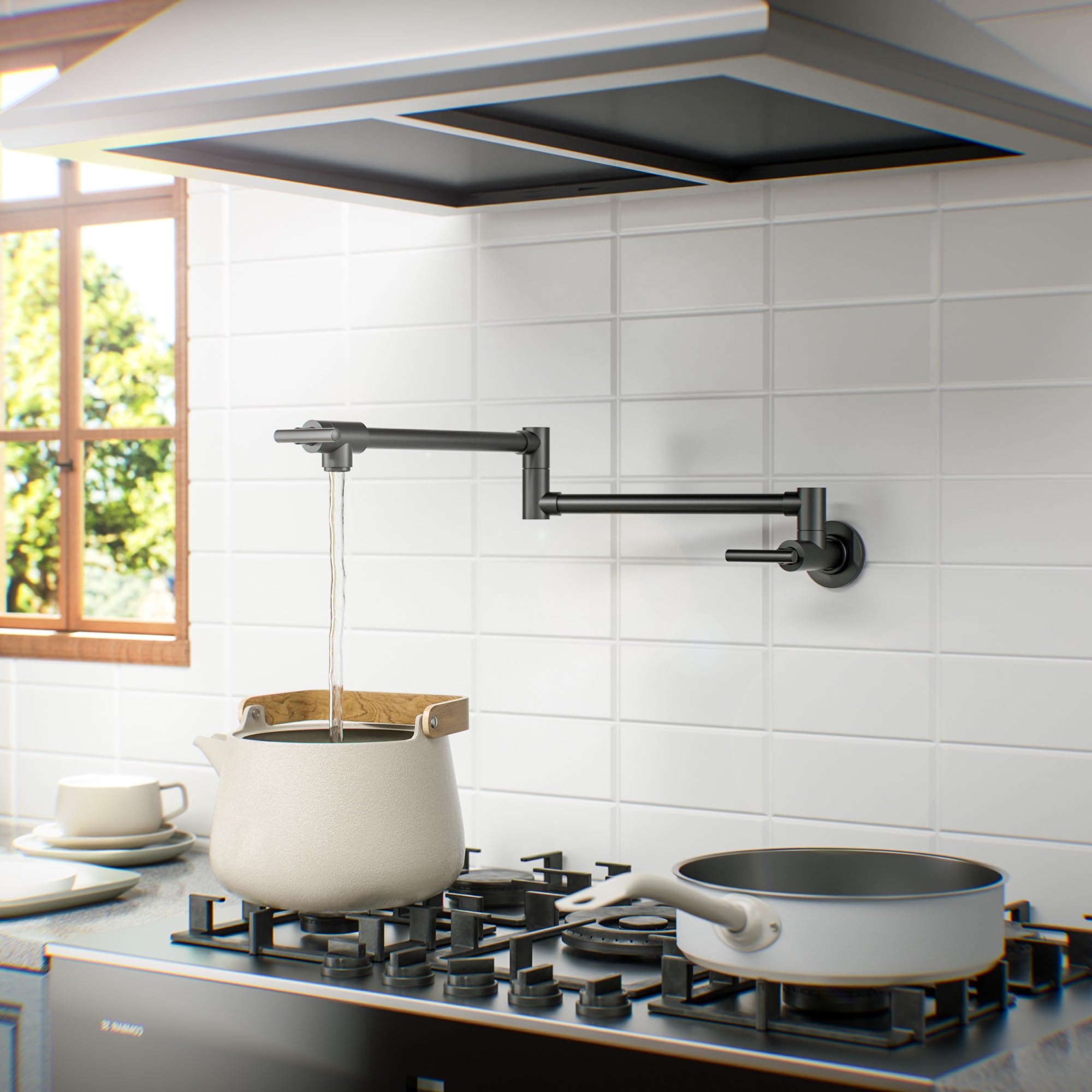 WOWOW Pot Filler Faucet Matte Black Commercial Wall Mount Stove Faucet  Brass Pot Filler Folding Faucet Over Stove  Kitchen Pot Faucet with Double Joint Swing Arms