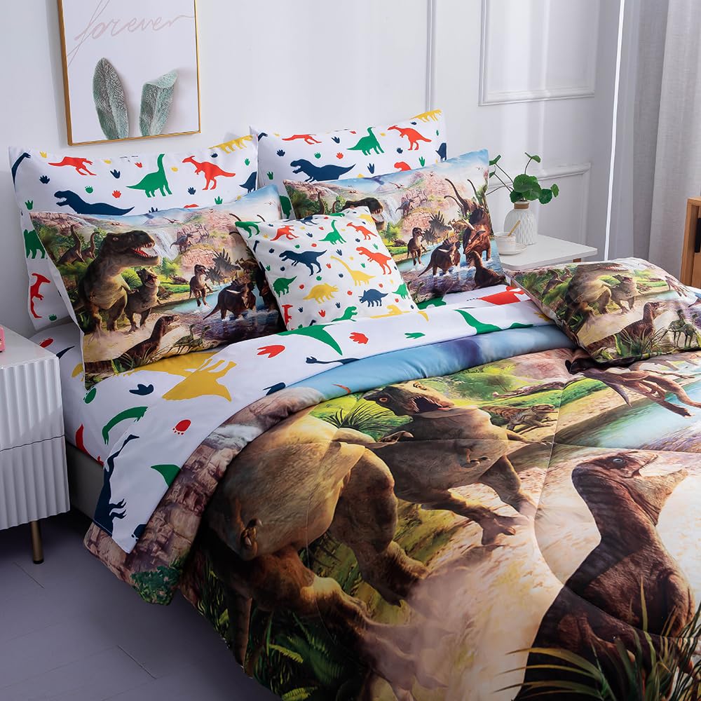 Niuone 9 Piece Dinosaur Comforter Set Bed In A Bag Full Size For Teen Kids Adults,3D Jungle Realistic Dinosaur Quilt Set,(1 Comf