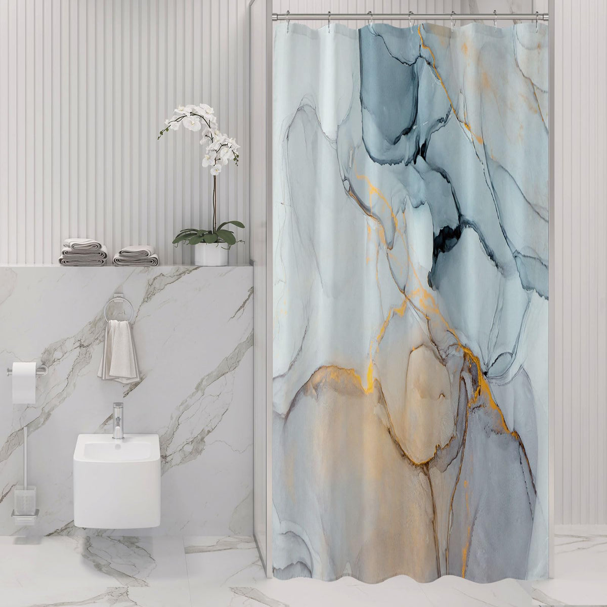 Gibelle Small Stall Shower Curtain 36 X 72, Narrow Half Abstract Grey Blue Marble Shower Curtain, Modern Ink Art Waterproof Fabr