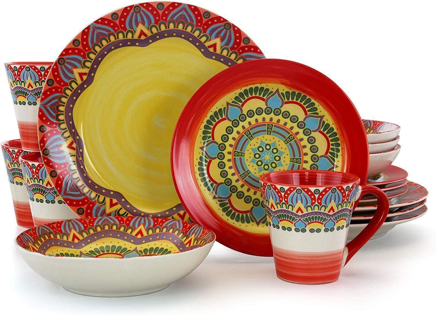 Elama Multicolored Round Stoneware Mandala Pattern Dinnerware Set, 16 Piece, Blue