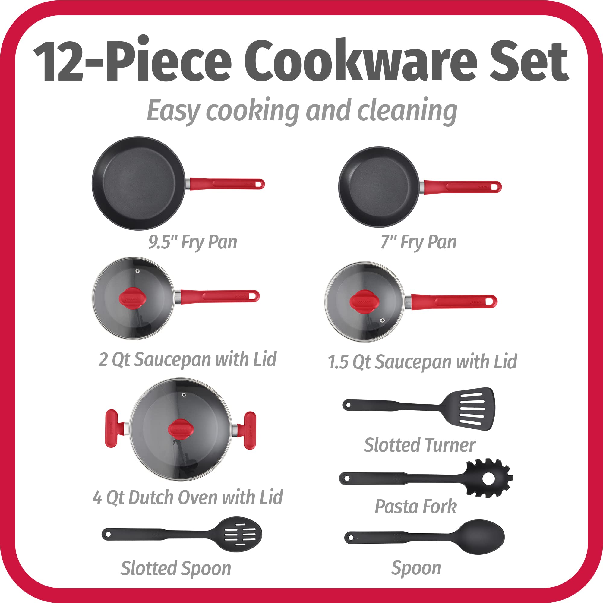 GoodCook ProEase 12-Piece Nonstick Cookware Set, Includes 4-Quart Covered Dutch Oven, Fry Pans, Sauce Pans, Utensils, Even-Heati
