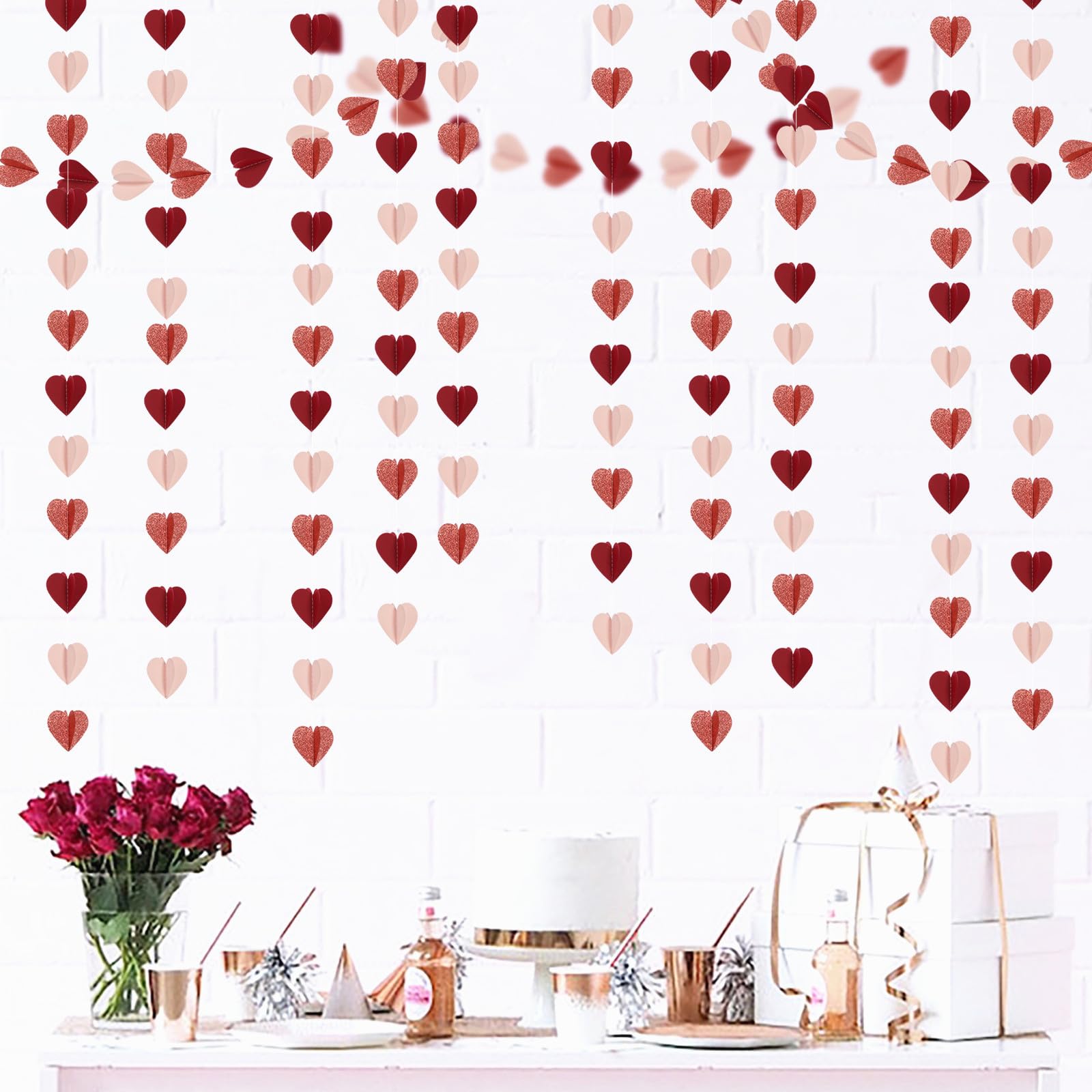 Rose-Gold Pink Burgundy-Red 3D-Heart Garland - 39Ft Valentines Day Party Decorations Hanging Paper Streamers Banner,Engagement W