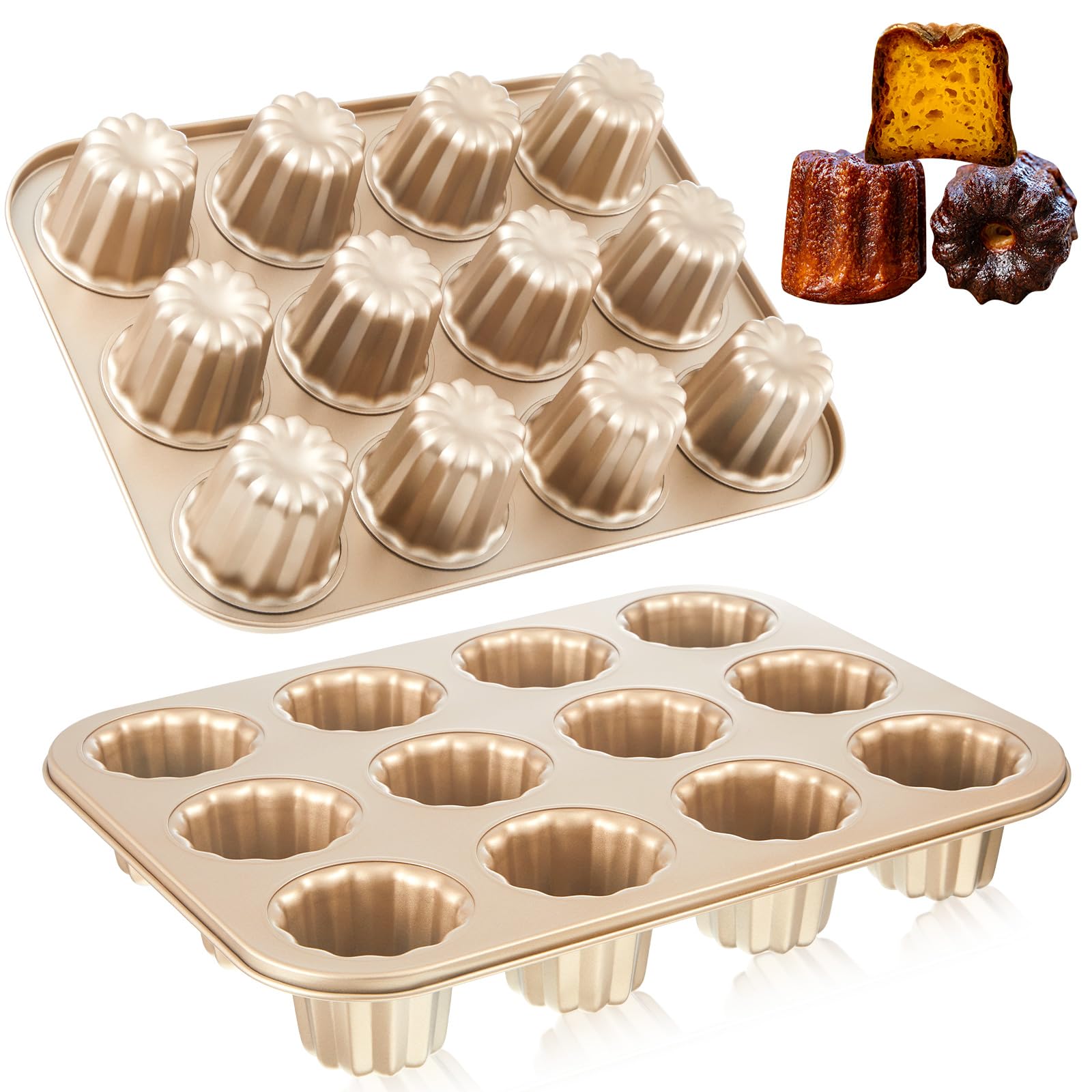 FoldTier 2 Pcs Canele Mold Cake Pan 12 Cavity Cannoli Tubes Molds Nonstick Canele Muffin Bakeware Cupcake Pan French Custard Ca