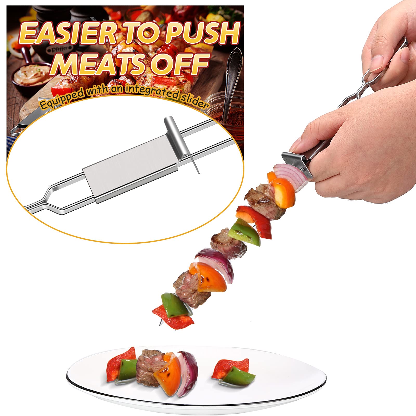 Lallisa Kabob Skewer For Grilling, Metal Stainless Steel Bbq Stick With Push Bar, Double Pronged Kebab Tool Quick Release Meat,
