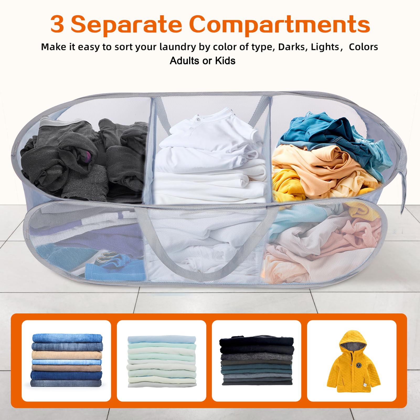 Durable Collapsible Laundry Baskets, Foldable Pop Up Laundry Hamper, Sturdy 3 Compartments Laundry Basket, Handy Pocket & Easy T