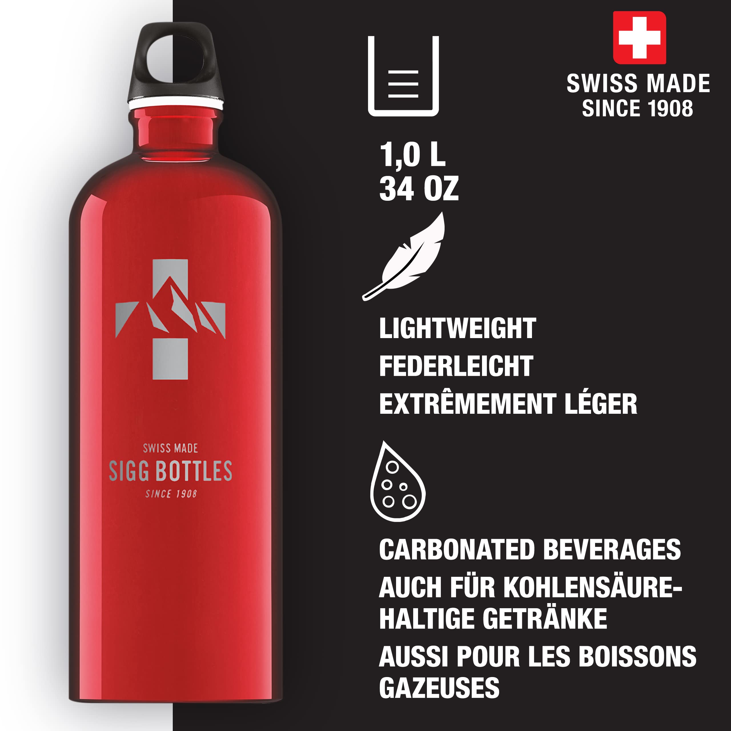 Sigg - Aluminum Water Bottle - Traveller Red & White - Swiss Design - With Screw Cap - Leakproof - Lightweight - Bpa Free, 34 Oz