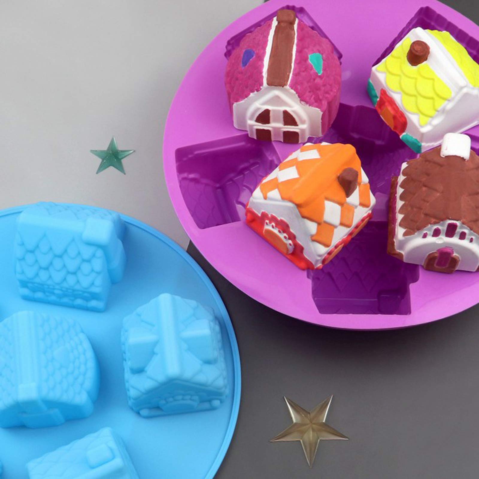 Joyeee 1 Pack House Shape Silicone Mold, 6 Cavity Non-Stick Cozy Village Baking Pan, House Shape Soap Mold, Mini Christmas House