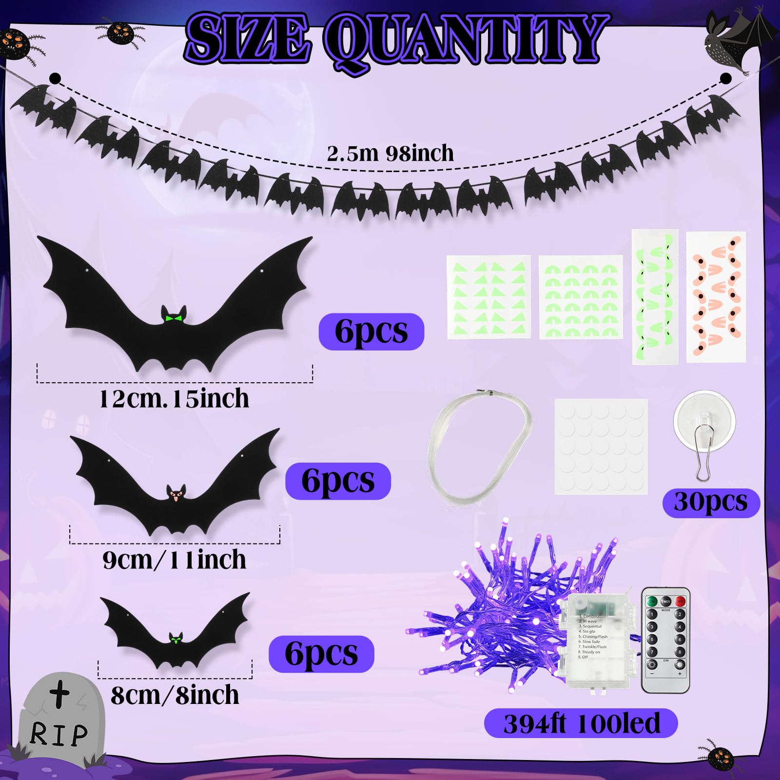 Pinkunn Halloween Decorations String Lights and 30 Pcs Hanging Bats Set Battery Operated Powered, 32 ft 100 Count LED String War