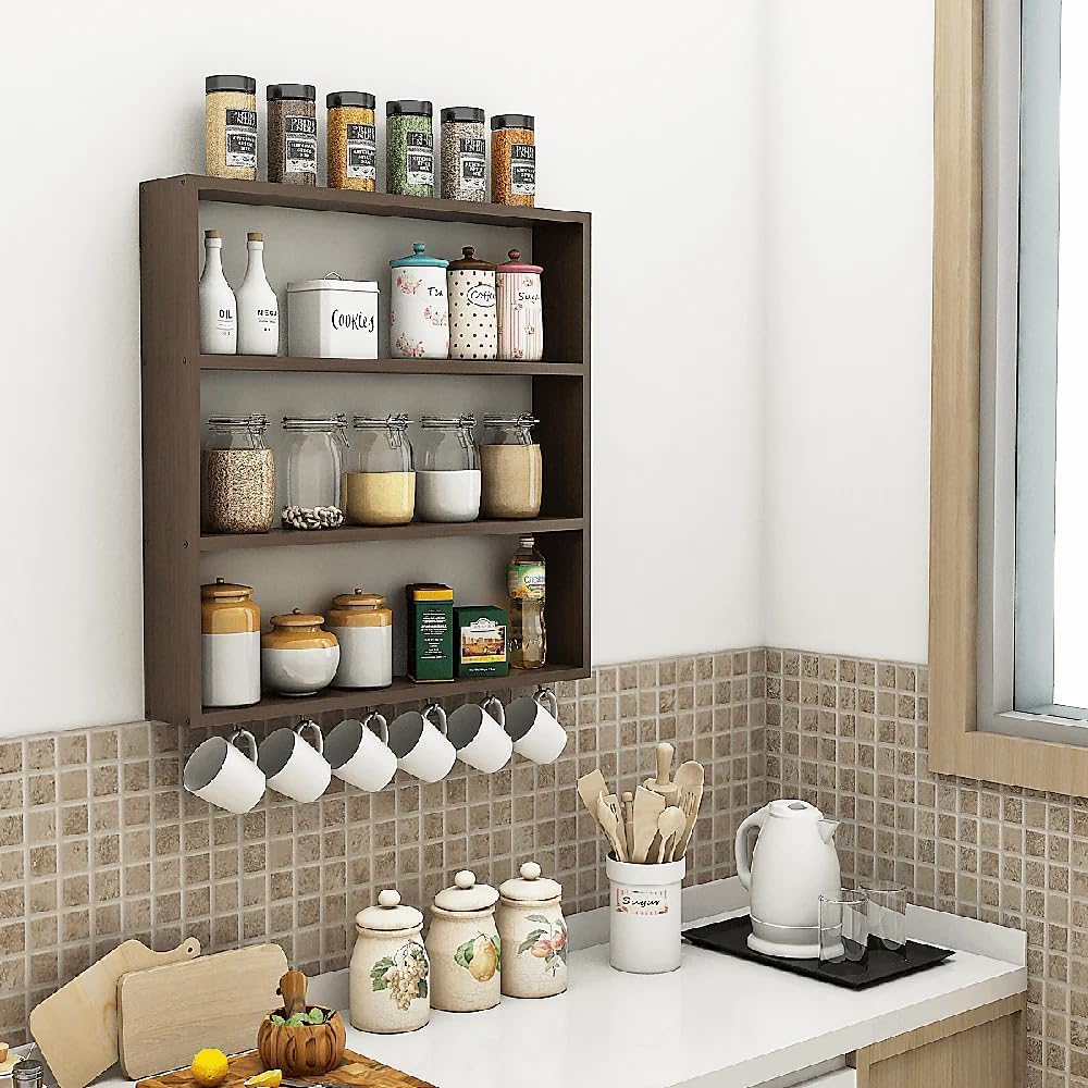 Wooden Multipurpose Kitchen Storage Rack | Wall Mounted Organizer Shelf For Spice Jars Bottles & Utensils | Storage Cabinet Bask