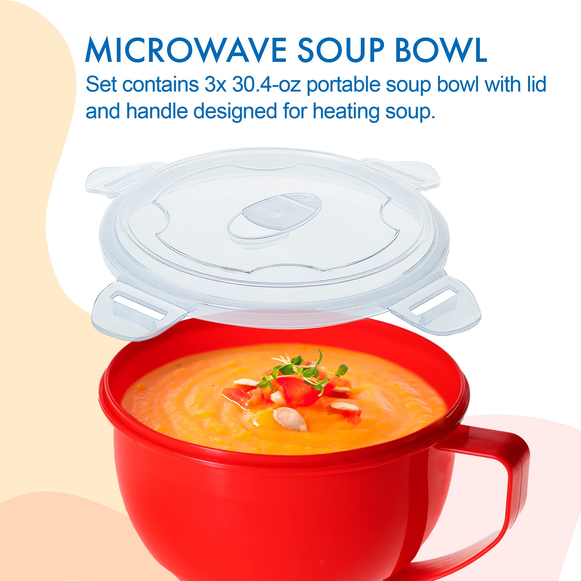 Matican Microwave Bowl With Lid, 3-Pack Microwave Soup Bowl With Lid, Noodle Bowl For Ramen, Soup, Beverages, 30.43 Ounces, Red