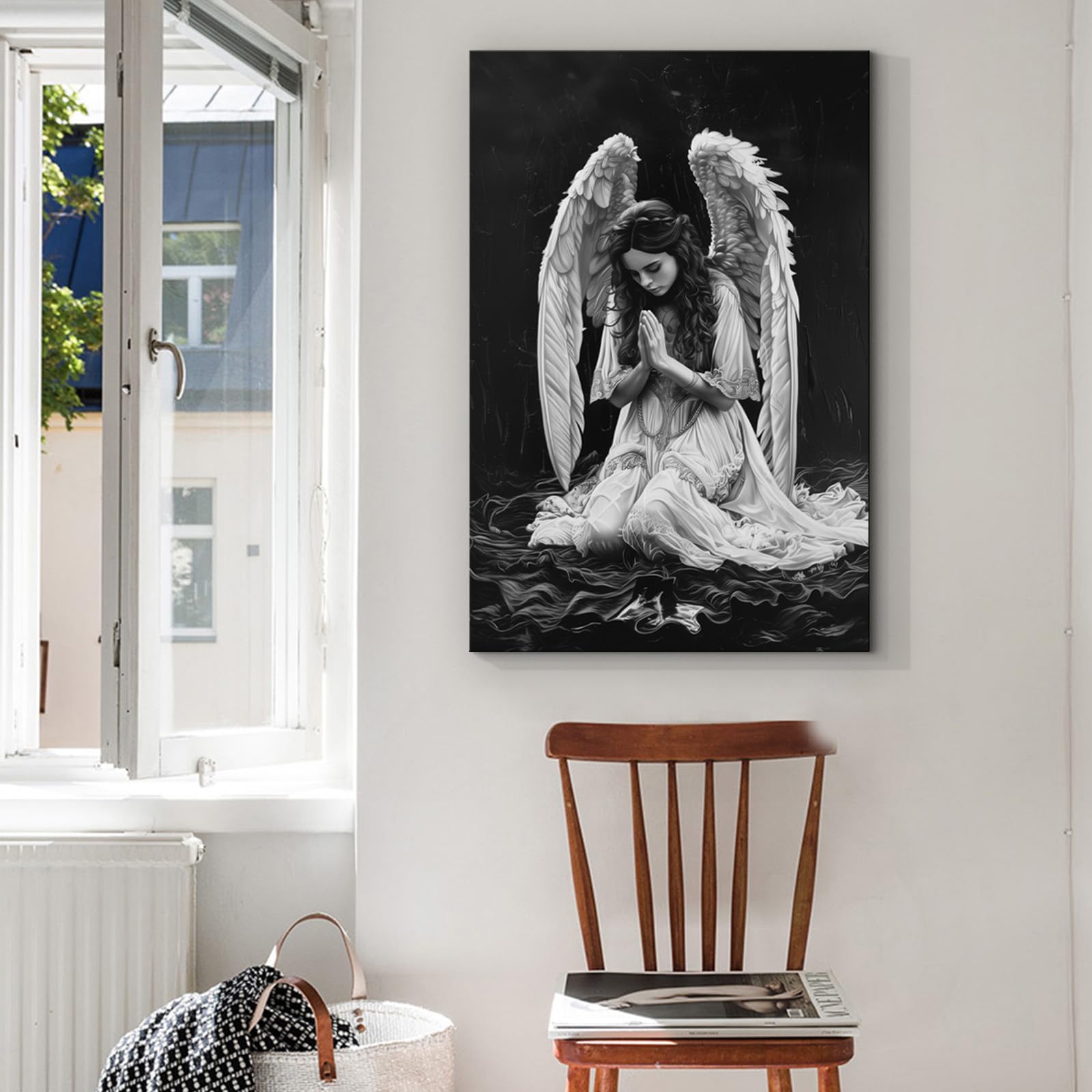 Yonica White Angel Painting Angel Wings Wall Art Modern Black And White Pictures Praying Woman Wall Art Dark Abstract Angel Pain