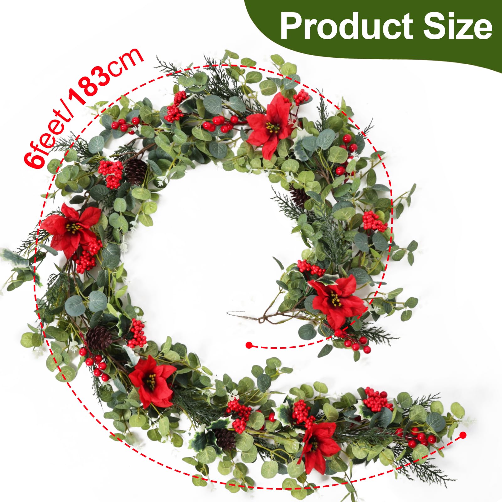 6ft Artificial Christmas Poinsettia Garland with Eucalyptus Leaves, Red Berries Garland Decor for Home, Fireplace, Wall, Porch,