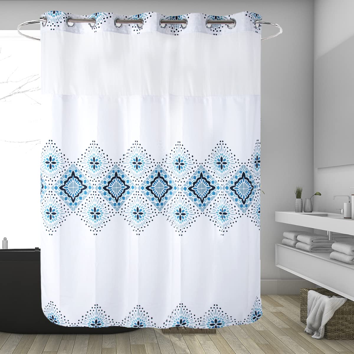 Ecoehoe 71'' W X74 H Hotel Grade Fabric Hook Free Shower Curtain With Replacement Magnets Liner White&Blue Boho Style -100% Wate
