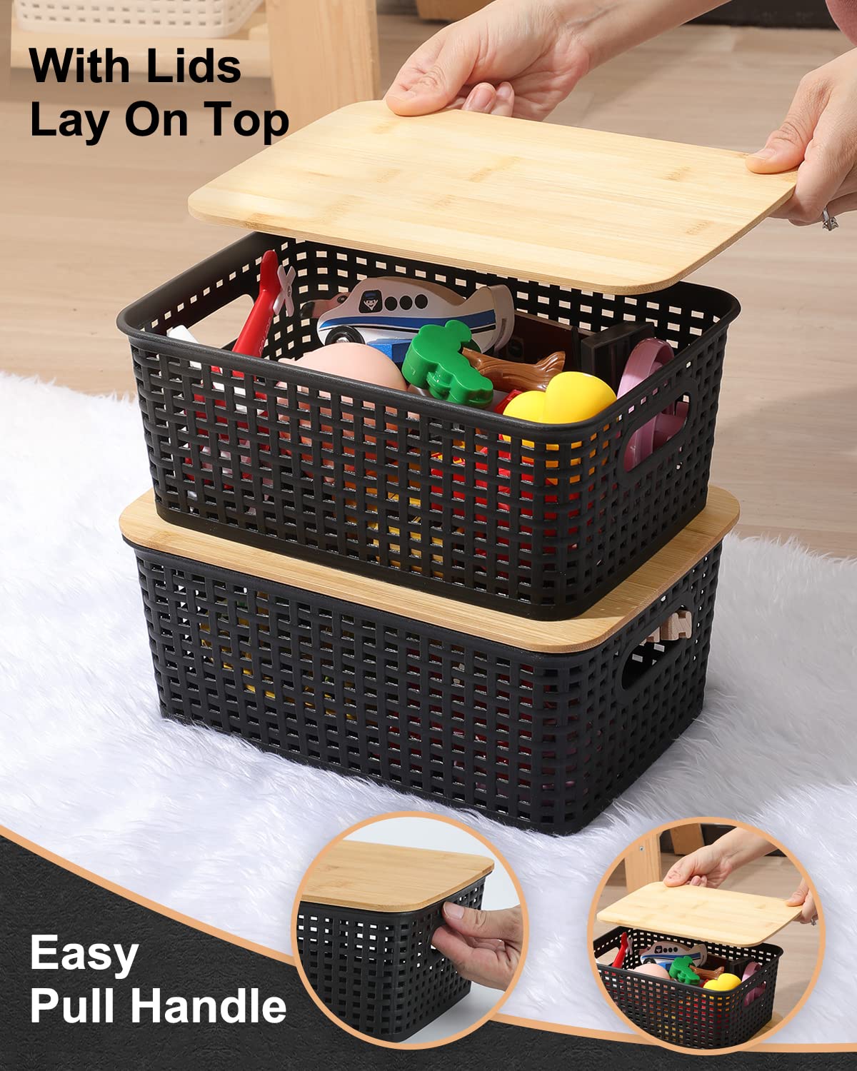 Areyzin Storage Bins With Bamboo Lids Set Of 6 Lidded Storage Container Plastic Baskets Organizer Bins For Organizing Kithen Roo