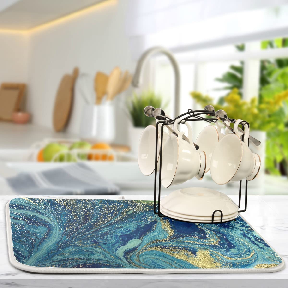 Marble Print Dish Drying Mat Blue Golden Tie Dye Mat For Kitchen Counter Tops,Microfiber Drying Mats Absorbent Reversible Dish P
