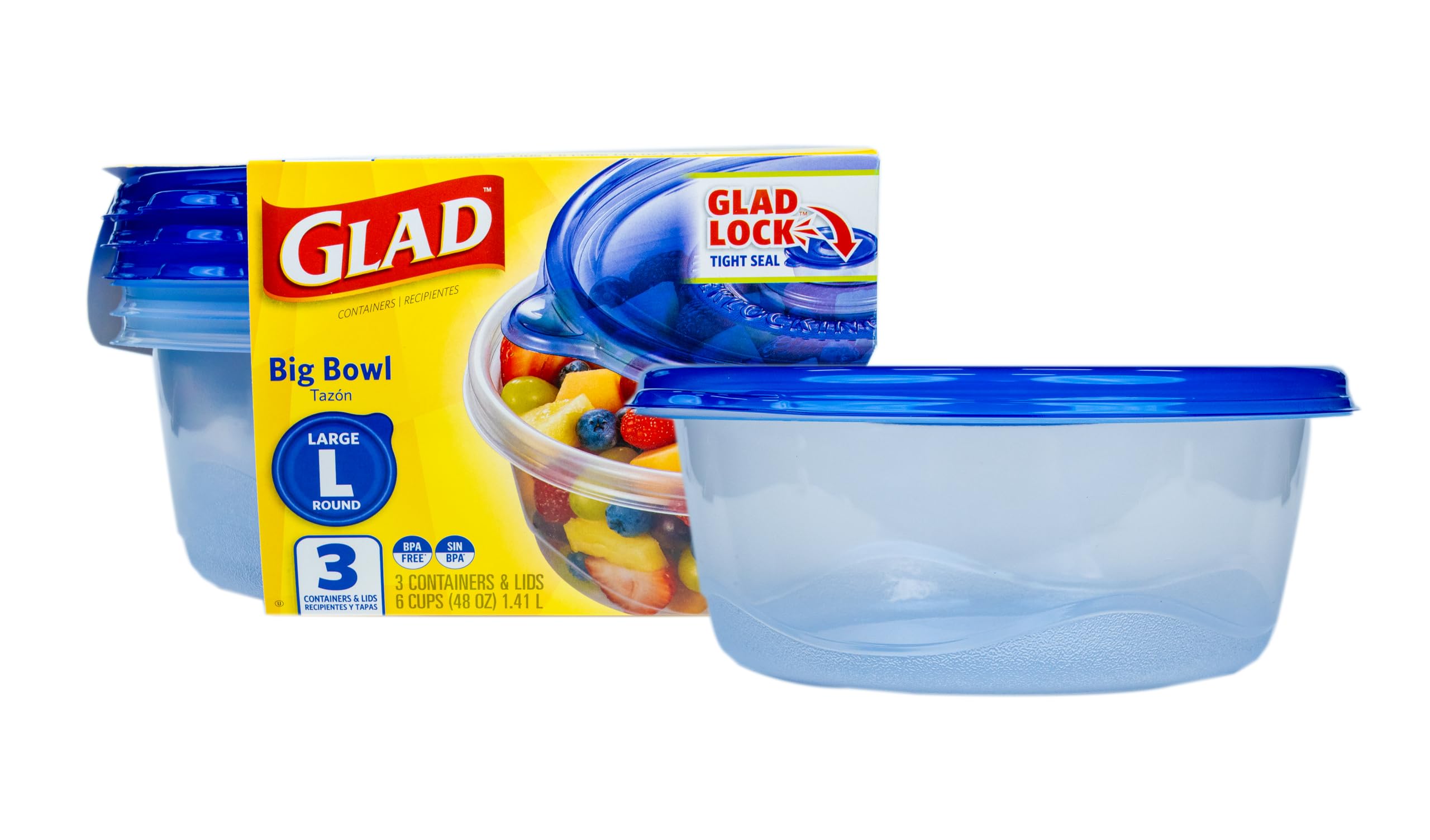 Glad Gladware Big Bowl Food Storage Containers, Large Round Bowl Holds 48 Ounces Of Food, 3 Count Set Food Storage Containers Fo