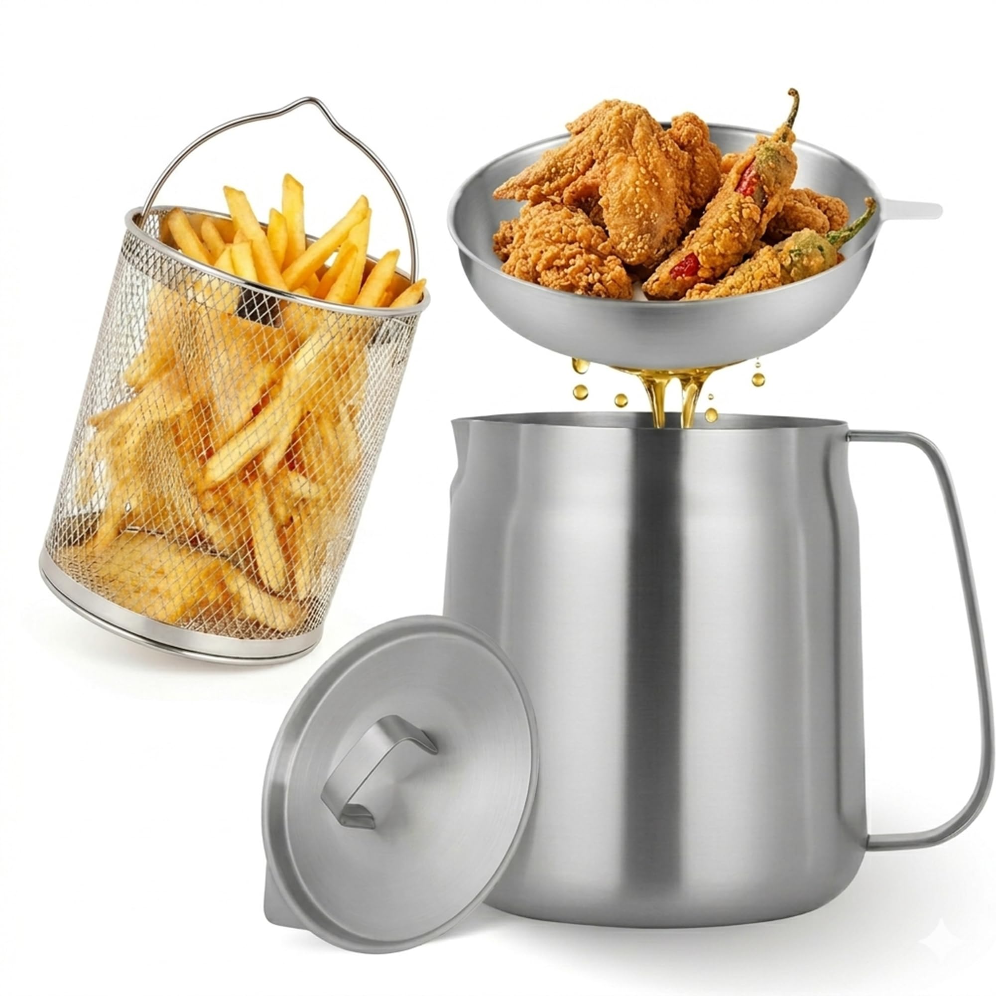 68oz Stainless Steel Oil Filter Pot with Deep Fryer Basket & Oil Strainer, 304 Food Grade Deep Fryer, Bacon Grease Saver Contain