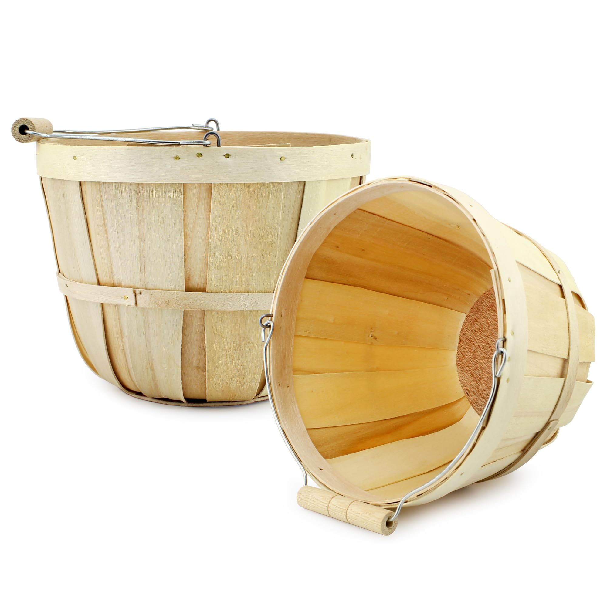 Cornucopia Round Wooden Baskets (2-Pack, Natural); Wood Fruit Buckets With Handle, 4-Quart Capacity; 6.1 Inch Tall By 8 Inch Dia