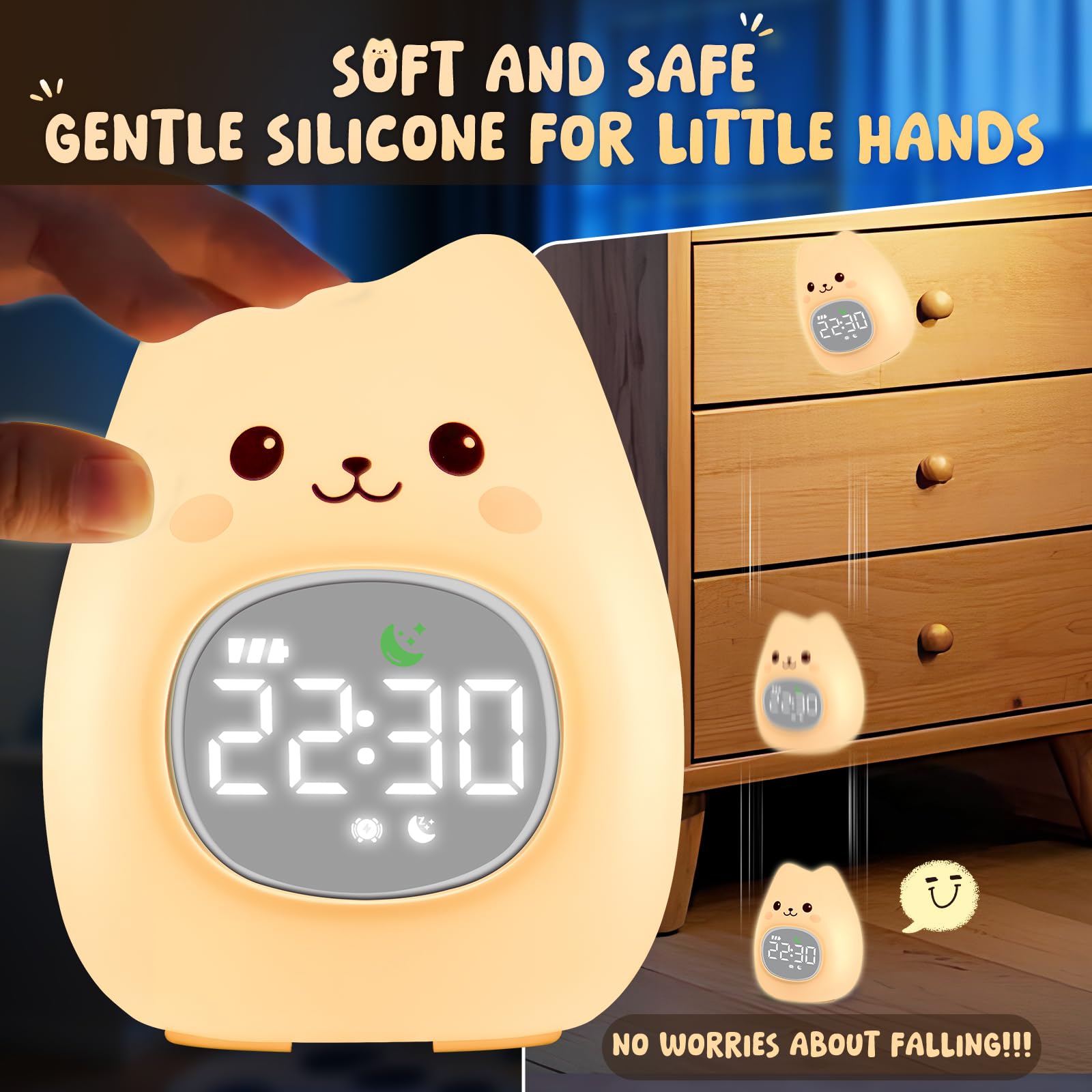 Aokpsrt Cat Alarm Clock with Night Light for Kids with Sleep Training and Sound Machine, Rechargeable Silicone Lamp OK to Wake C